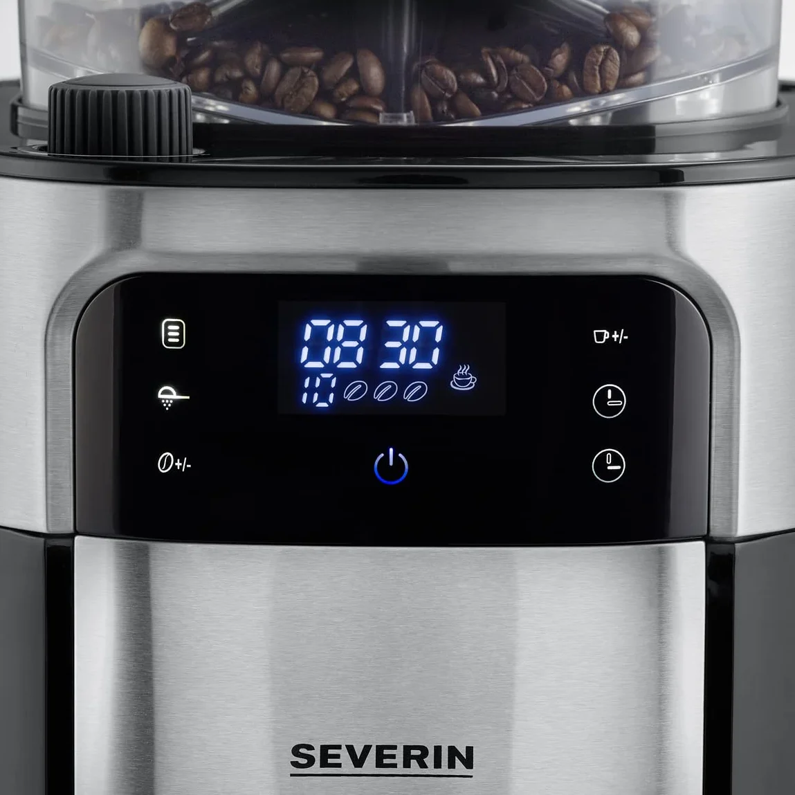 SEVERIN - Cafetera de goteo con molinillo hasta 10 tazas, Cafetera de filtro / Cafetera americana con jarra de cristal de 1l, con pantalla LED con temporizador, Acero inoxidable / Negro, KA 4813