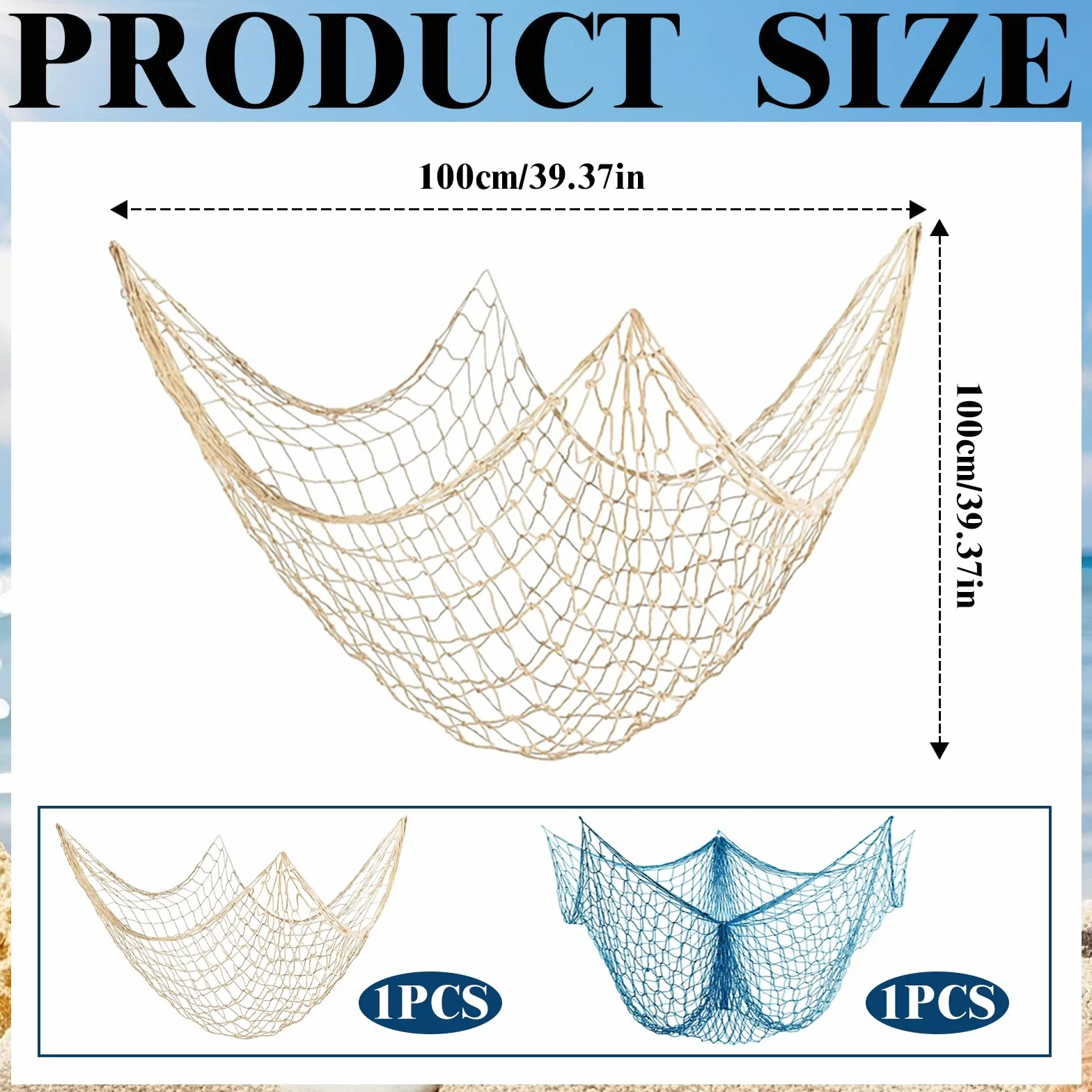 2 Piezas Red de Pesca Decorativa Algodón, 100 x 100cm Náutica Marítima, Pared Fiestas Hawaianas Piratas, Algodón Natural Red de Pesca para Decoración Des para Dormitorio Costero Baño