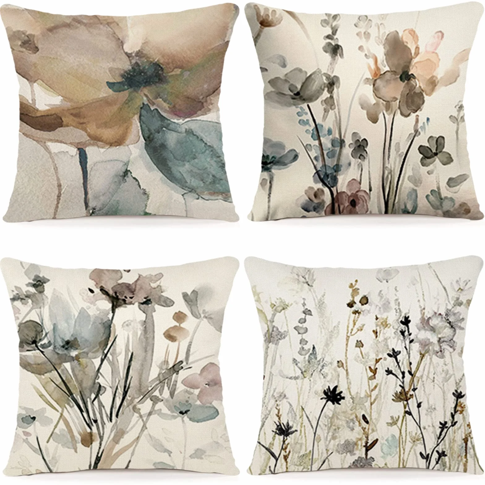 Juego de 4 Fundas Cojines Lino 45x45 para Sofá con Pintura Floral Dormitorio Exteriores