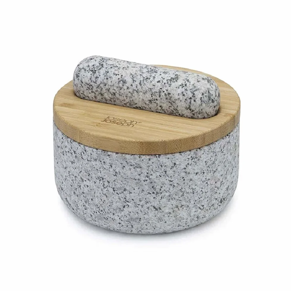 Joseph Joseph Dash Mortero y Mano de Piedra Natural con Tapa de Bambú, Molinillo de Especias y Trituradora de Hierbas