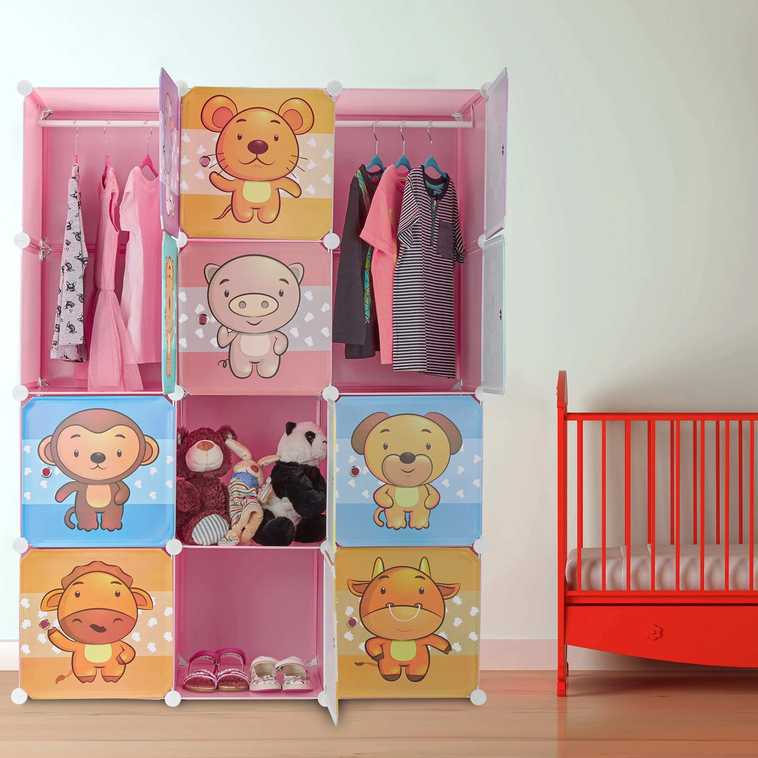 Relaxdays Estantería Infantil Modular con Animales Rosa 145 x 110,5 x 46.5 cm