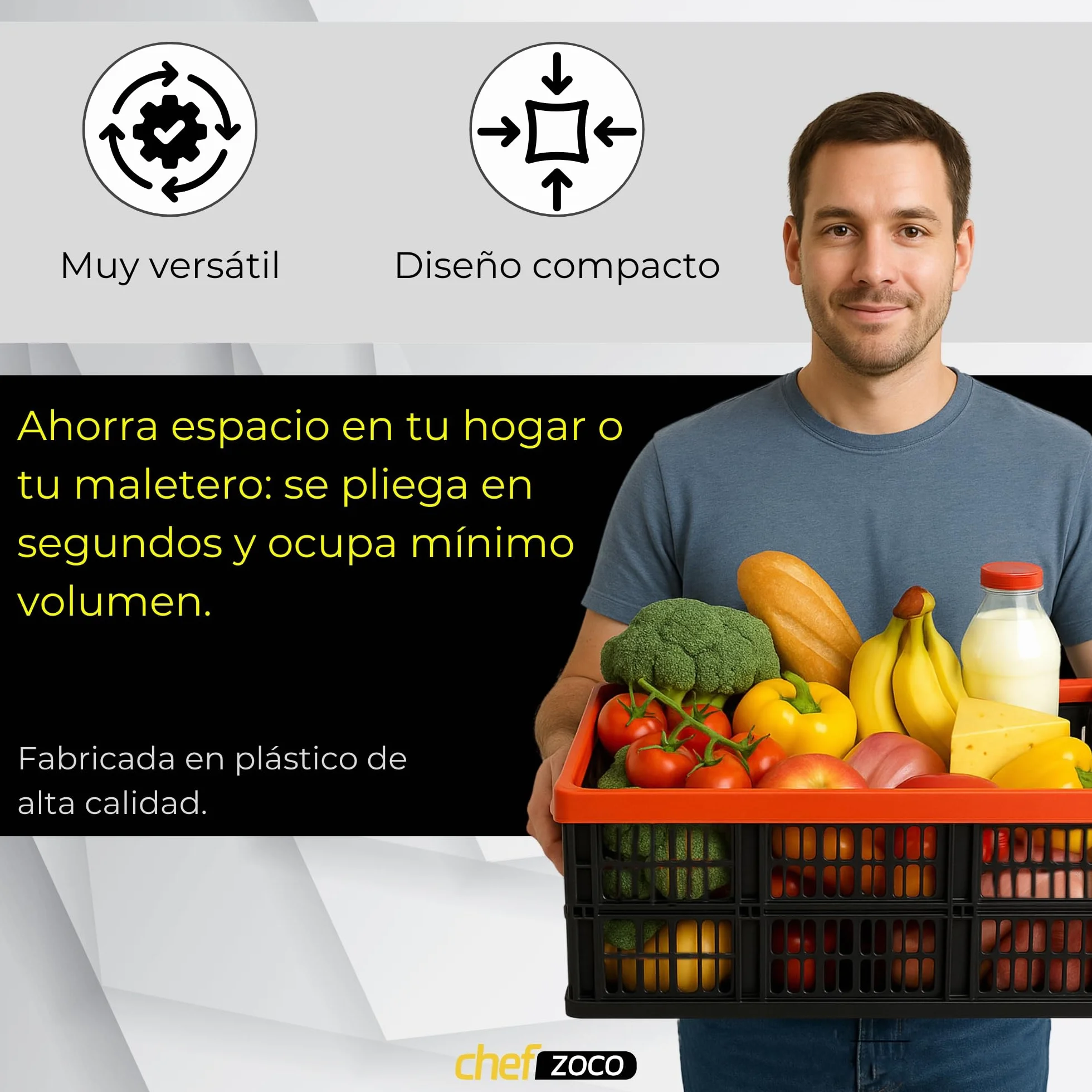 CHEFZOCO Caja Plegable con Asas, Caja plástico para Camping, Organizador para almacenaje, 48 cm Largo x 35 cm Ancho x 23 cm Alto, Capacidad 32 litros, Con asas laterales, Carga máxima de 18 Kg