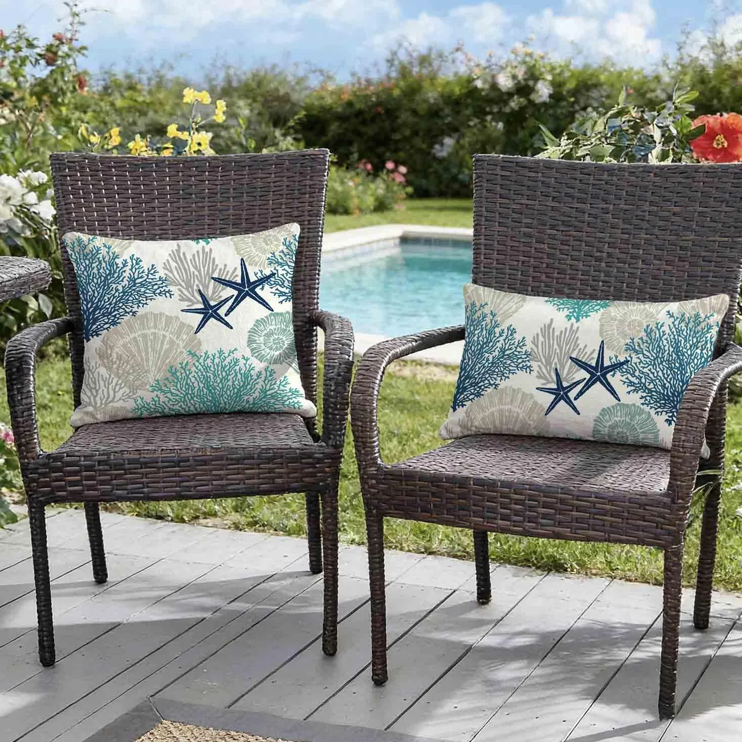 Funda Cojin Impermeable 50x30 cm Estrellas de Mar y Algas Gris Turquesa para Exterior Paquete de 2