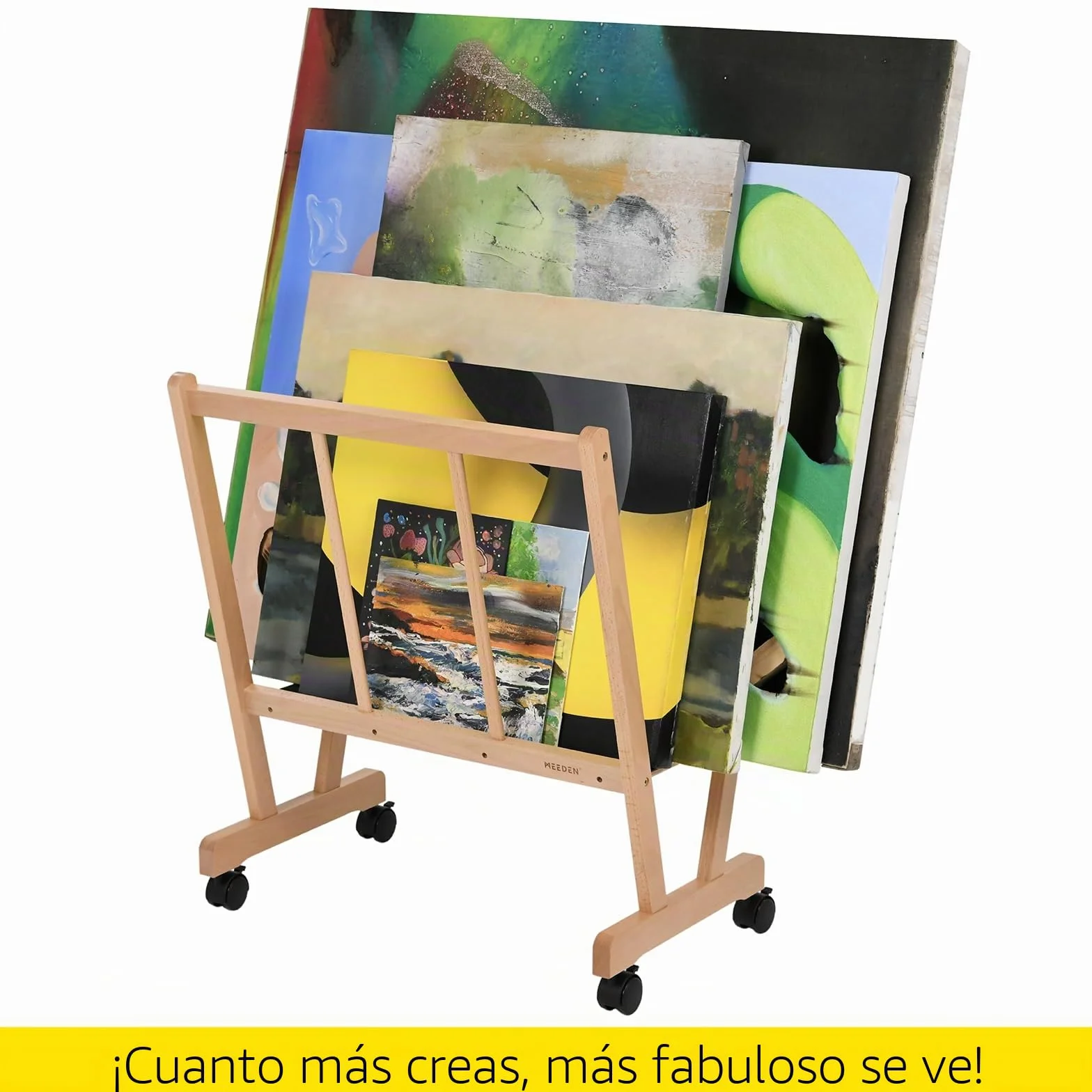 MEEDEN Estante grande de madera para impresión con ruedas, almacenamiento y exhibición de artistas, estante de secado de arte premium, sostiene obras de arte de hasta 47 pulgadas, color natural