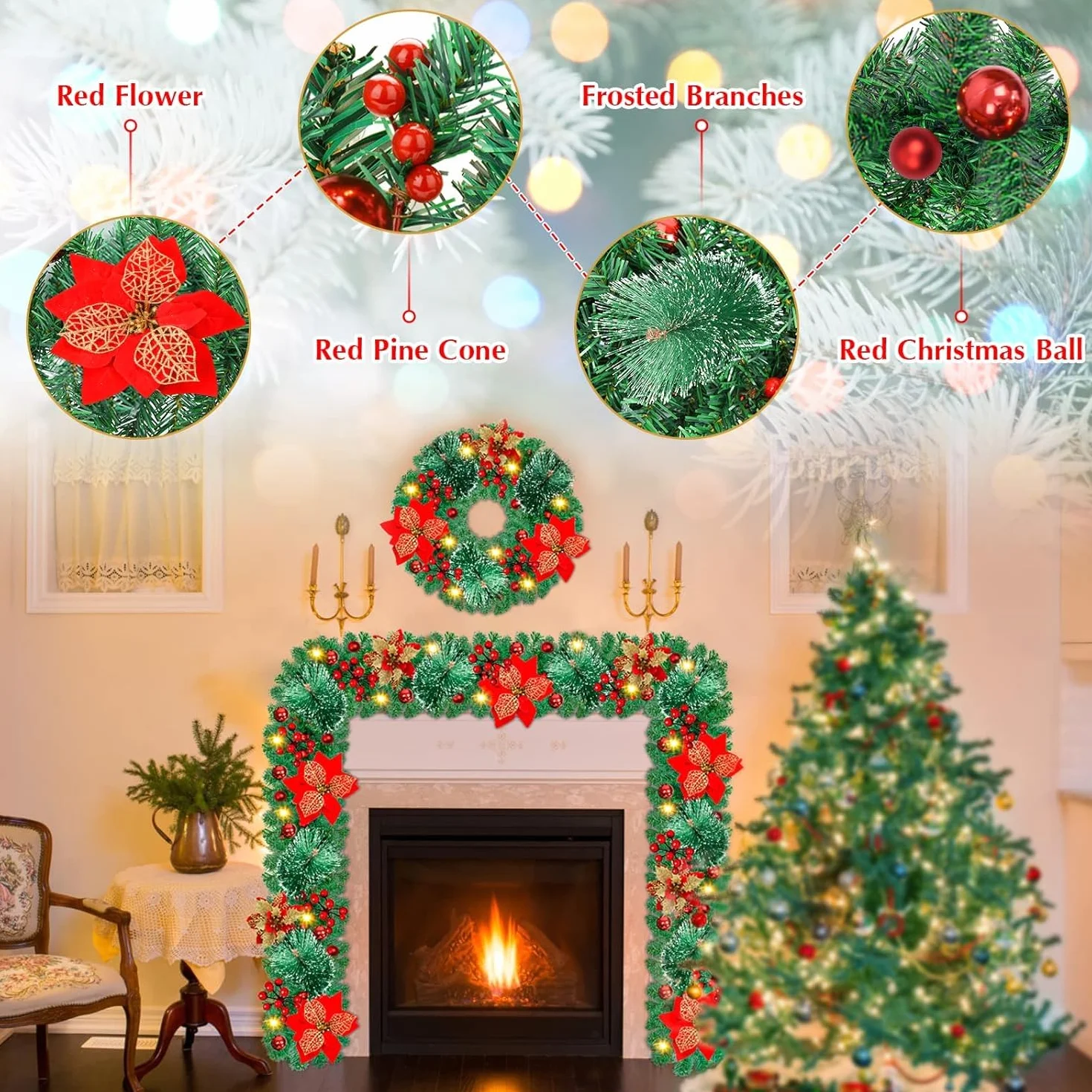 SHAVINGFUN Guirnalda de Navidad Con Luces - Flores Artificiales Decoración de 9 ft, Verde para Escaleras y Chimeneas Navideñas