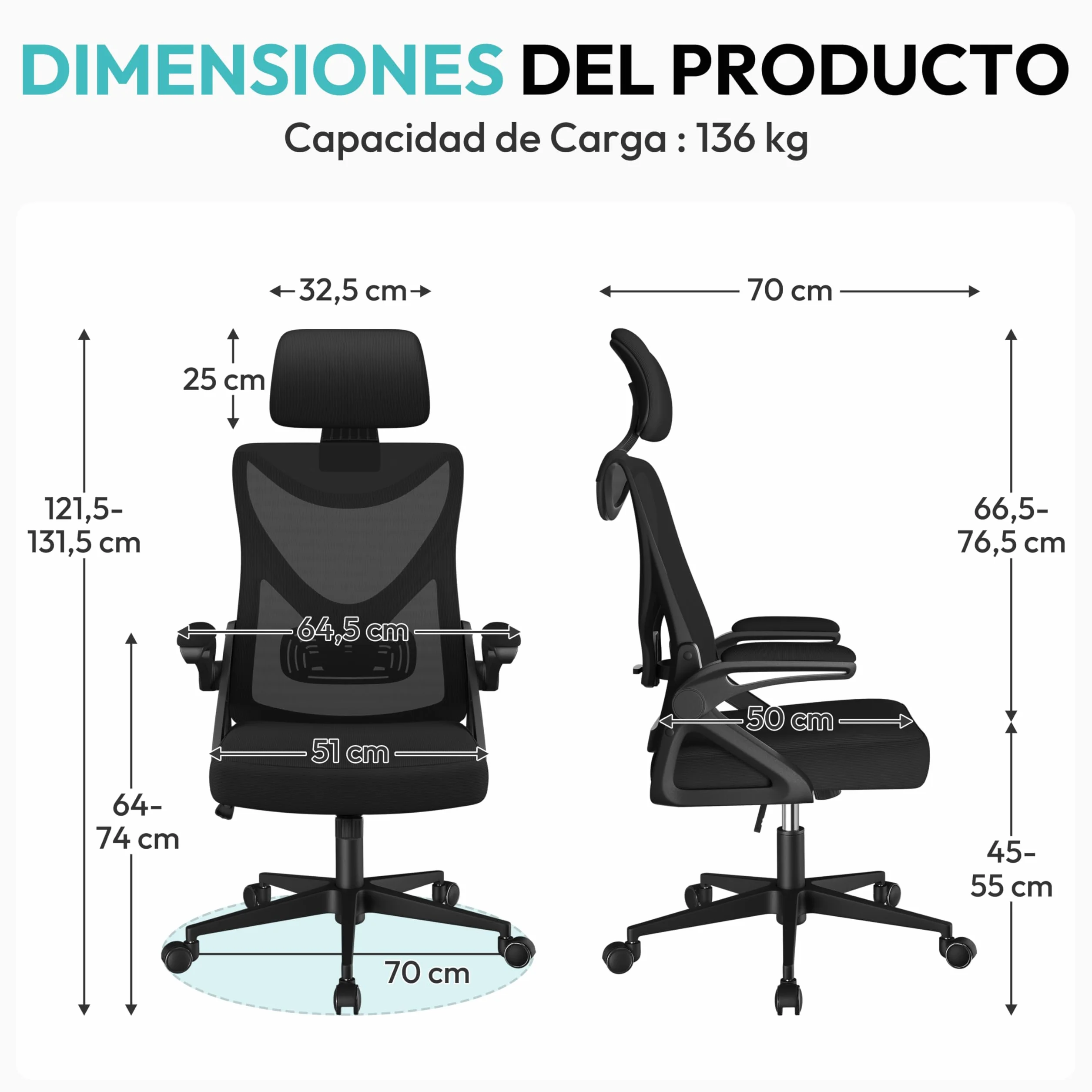 Yaheetech Silla de Oficina Ergonomica con Soporte Lumbar Ajustable Base Giratoria 70 cm Transpirable Negro