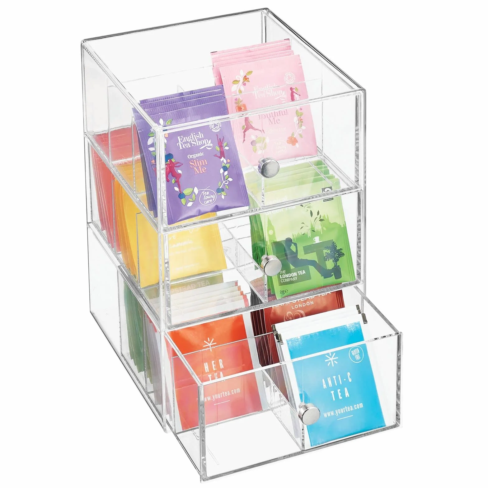 mDesign Organizador de cocina con 3 cajones – Caja de almacenamiento para bolsitas de té, cápsulas de café, edulcorantes y más – Caja de té de plástico transparente