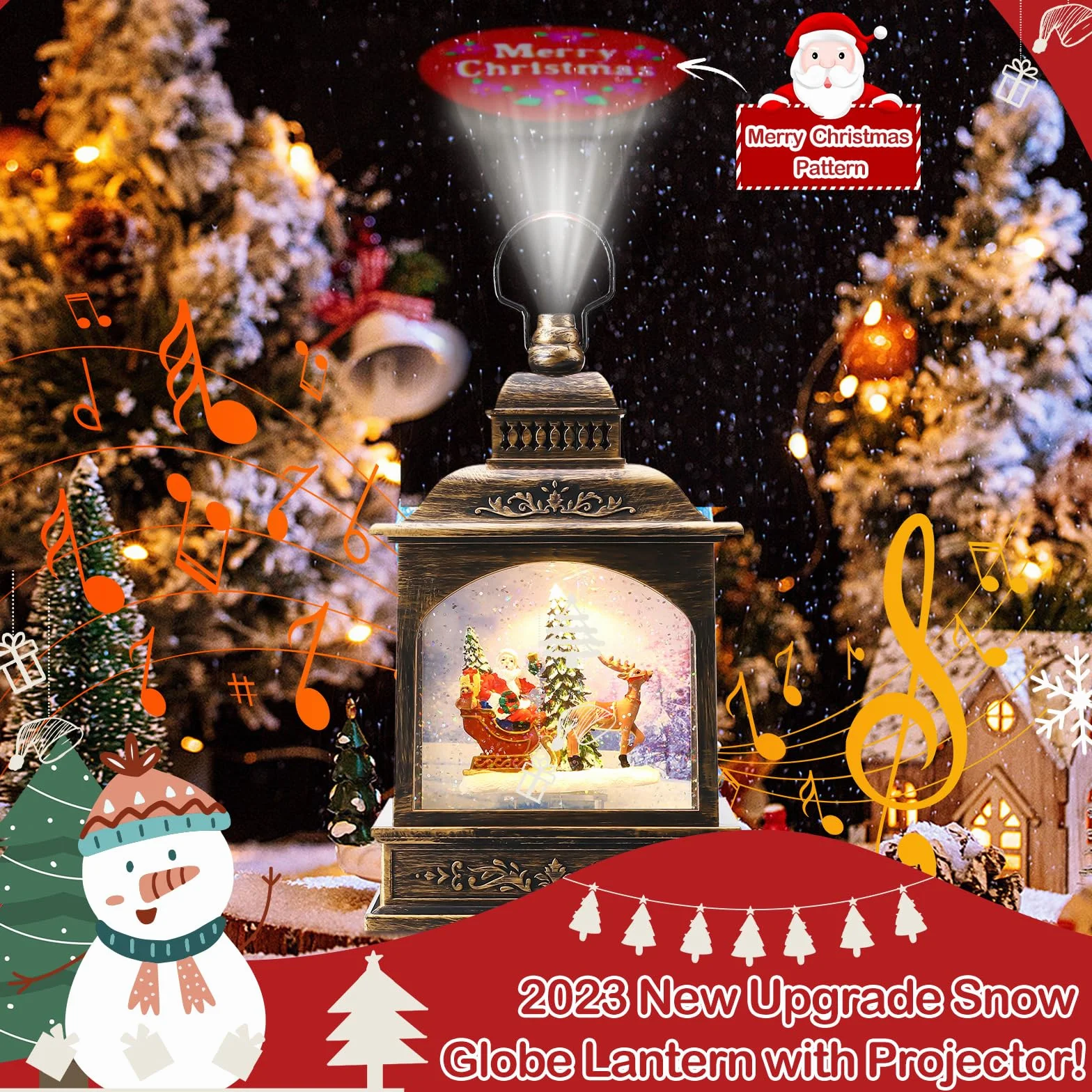 Coikes Linterna Navidad de Musical con Proyección Linternas de Globo Iluminado Xmas Water Lantern Linterna de Papá Noel con Purpurina Faroles de Navidad Decoraciones de Navidad