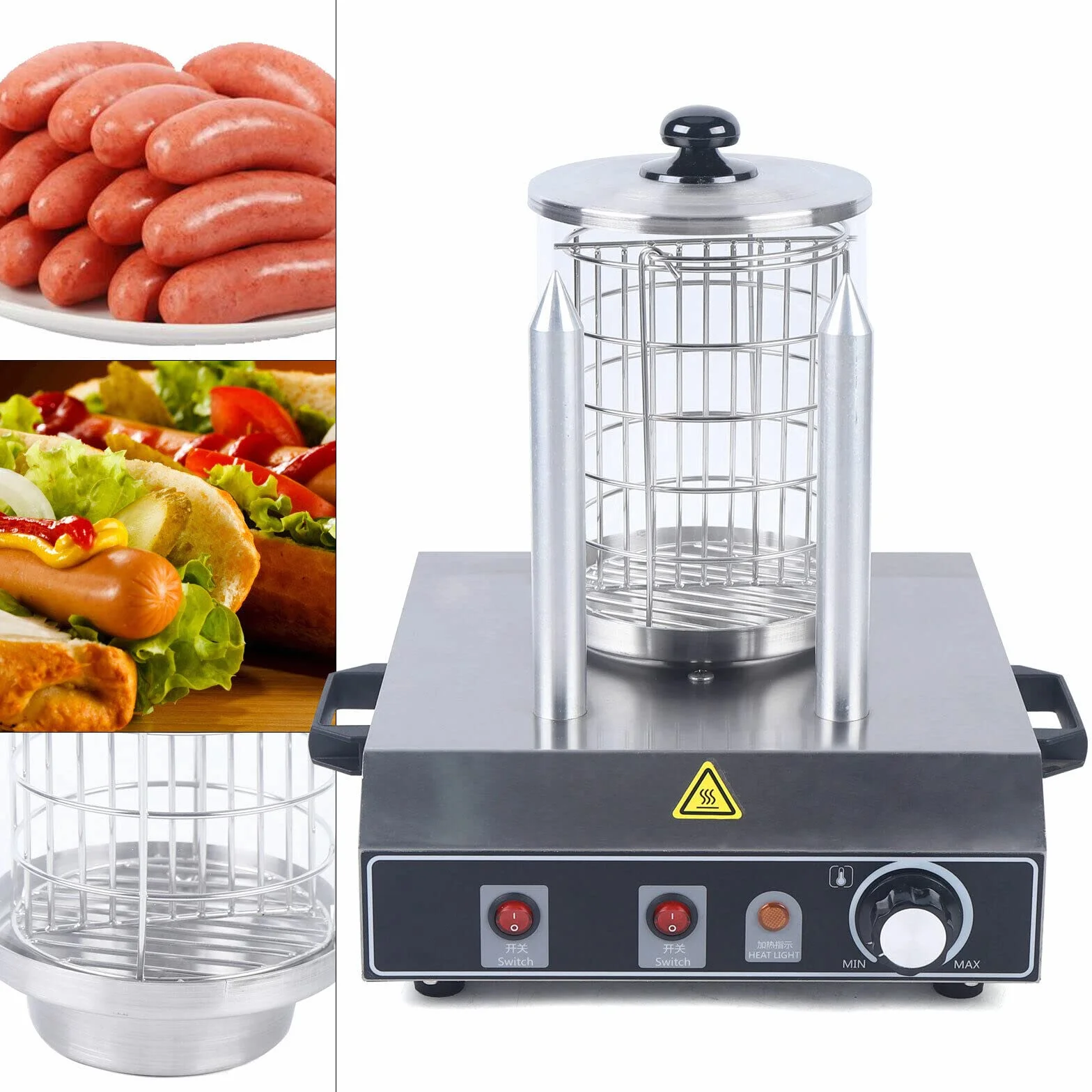 Profesional eléctrico calentador de salchichas con 2 pinchos, para restaurante