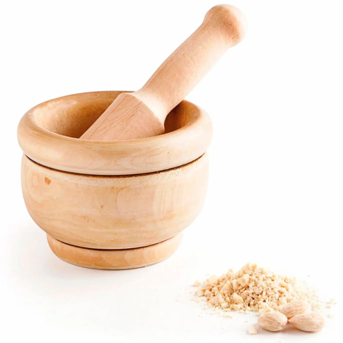 Tradineur - Mortero de madera natural - Incluye mazo de 16 cm - Machacador manual de cocina para moler ajo, especias y hierbas - 12 x 8 cm