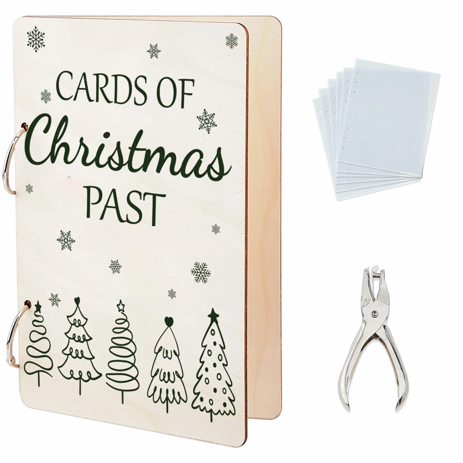 SUPERDANT Árbol de Navidad dibujado a mano, tarjetas de felicitación, organizador de tarjetas pasadas, carpeta de tarjetas postales, soporte para tarjetas de madera, regalos de Navidad, 2 anillos