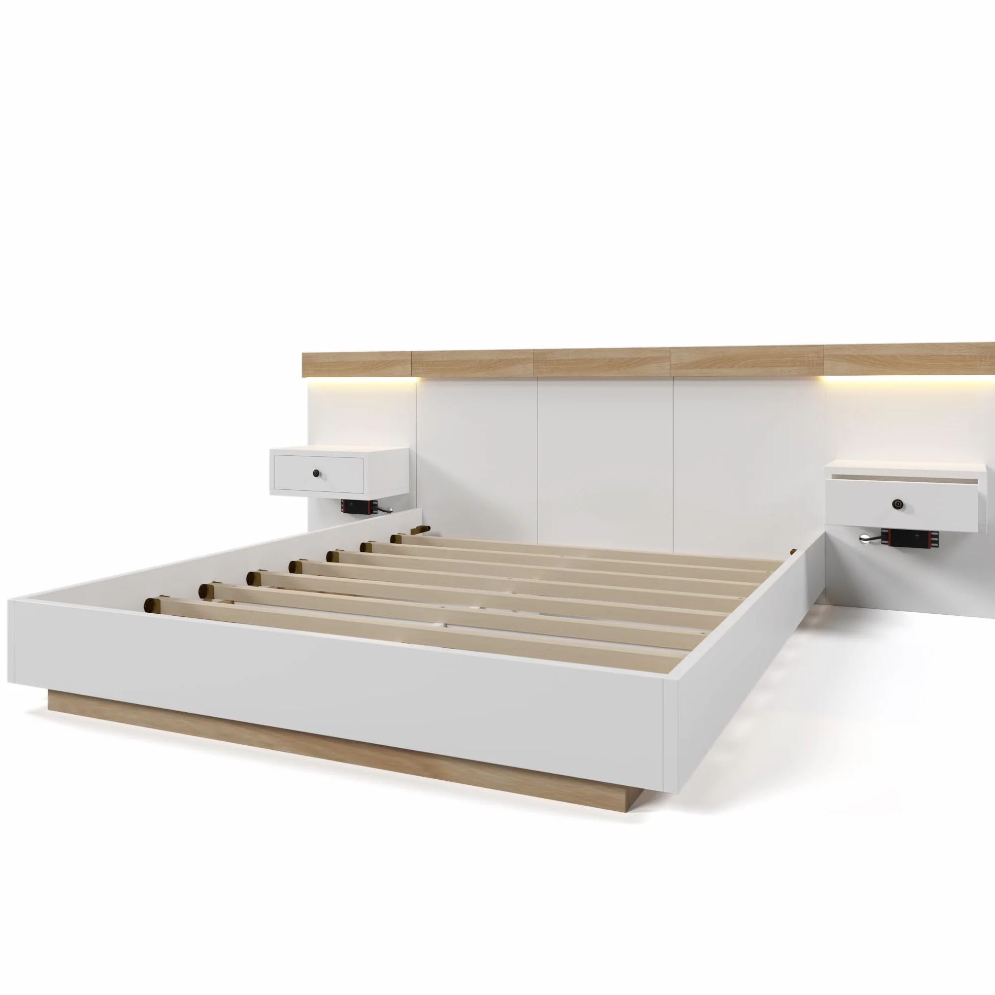 Dolamaní Dormitorio Juego completo 180 x 200 cm, cama doble con 2 mesitas de noche, cama de madera con cabecero y marco de cama, con 2 cajones, blanco (doble*180, con mesita de noche)