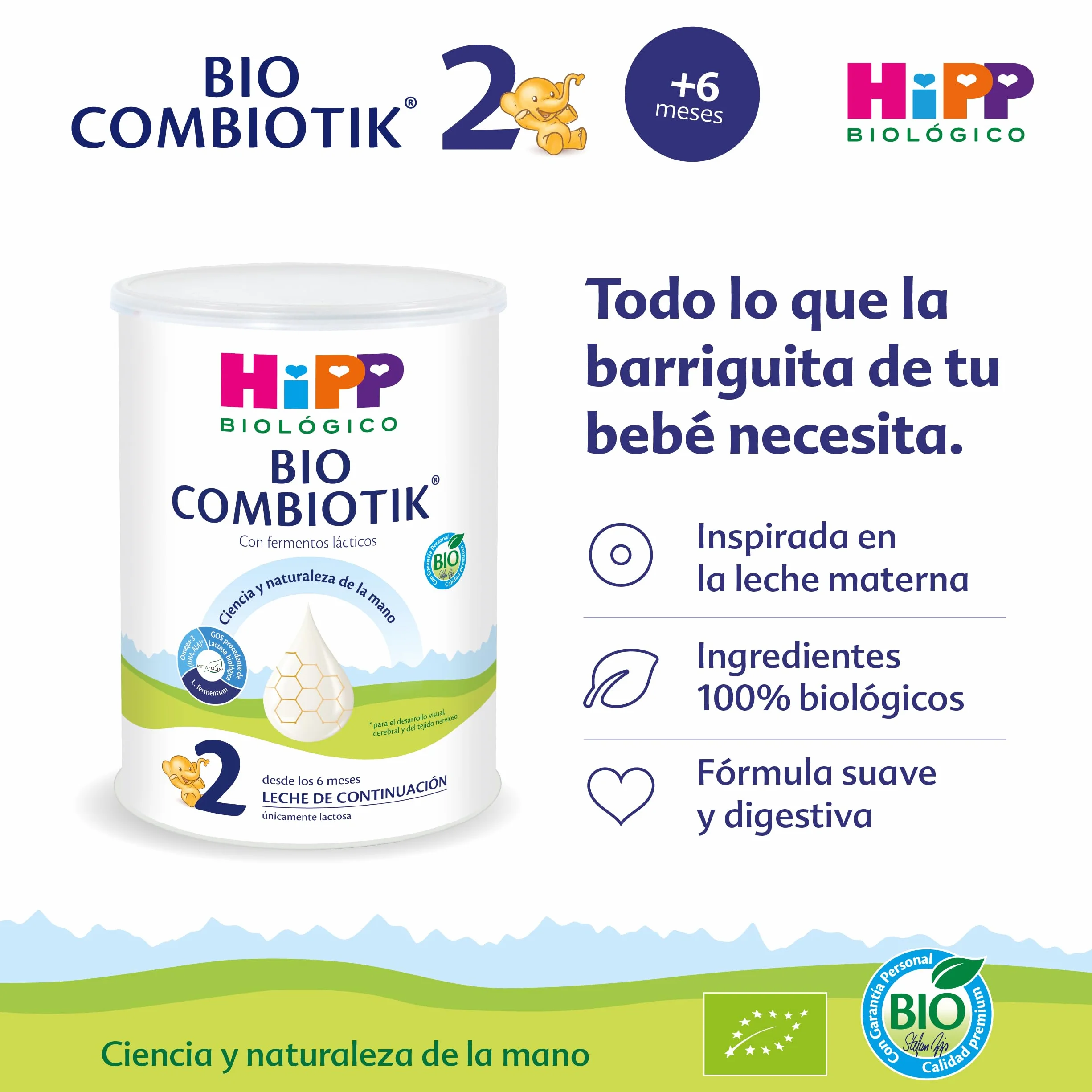 HiPP Combiotik 2 Leche para bebés Ecológica 800 gr BIO 6-12 meses con Lactosa Omega-3 Prebióticos