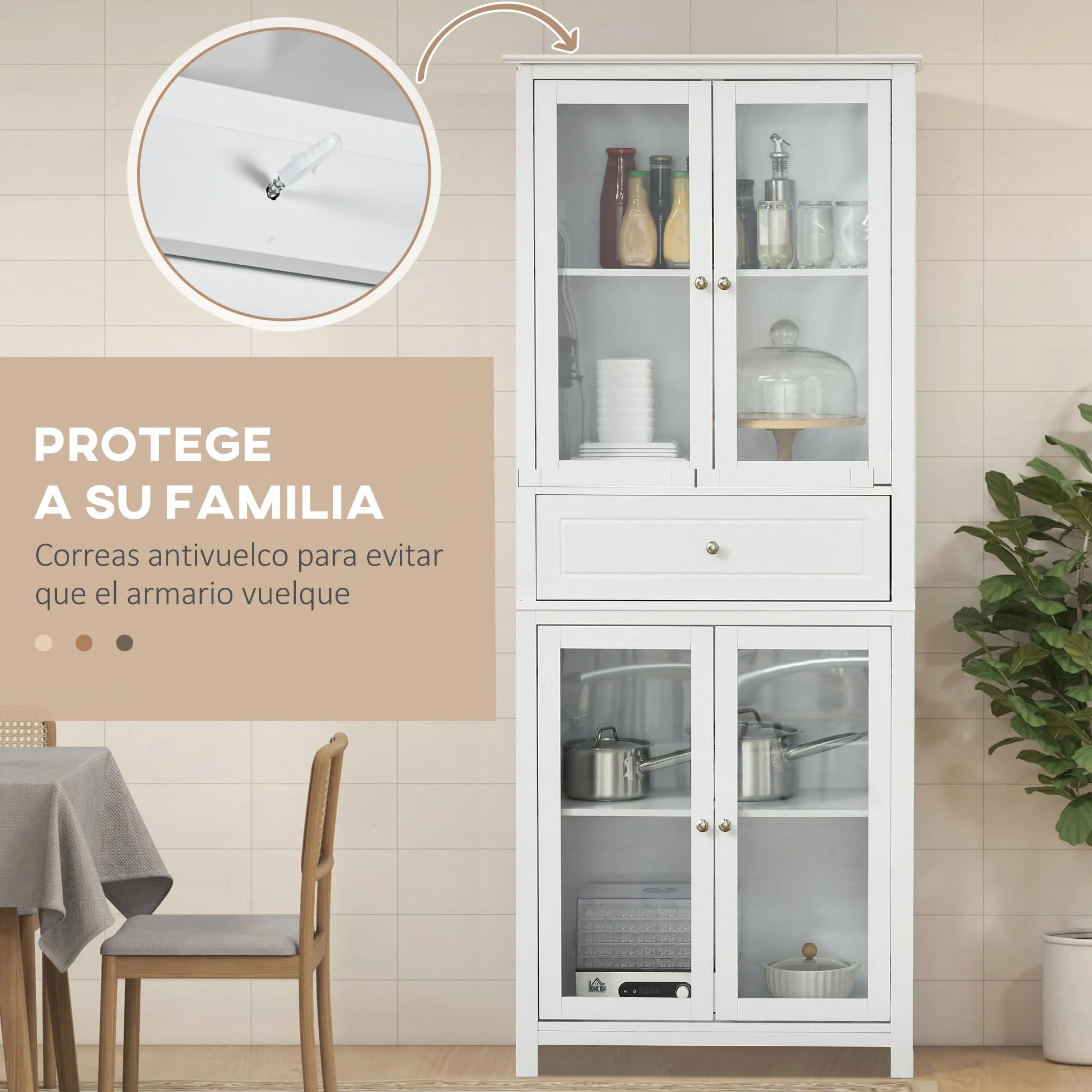 HOMCOM Alacena de Cocina Armario de Cocina con 1 Cajón 2 Estantes Ajustables y 4 Puertas de Vidrio Templado Diseño Clásico para Salón Comedor 74x35,5x181,5 cm Blanco
