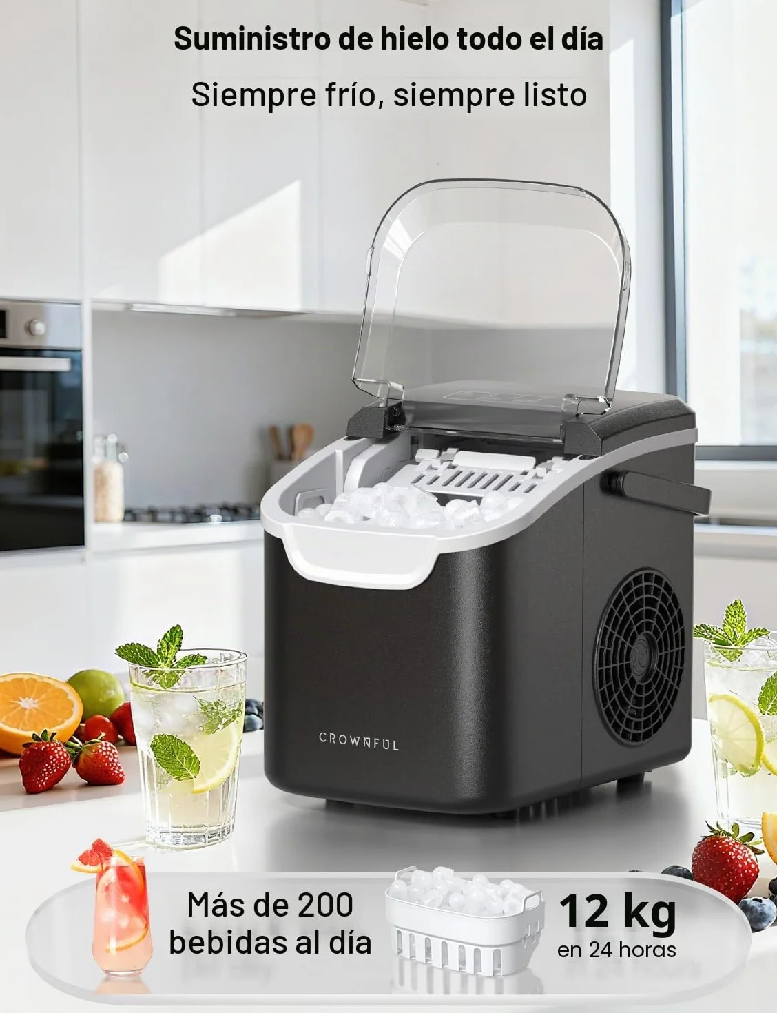 Crownful Máquina de Hielo Portátil, 6 Minutos 12kg/24h, Autolimpieza, 2 Tamaños de Cubitos, con Asa y Visor, para Casa, Cocina, Oficina, Bar y Camping en 2026