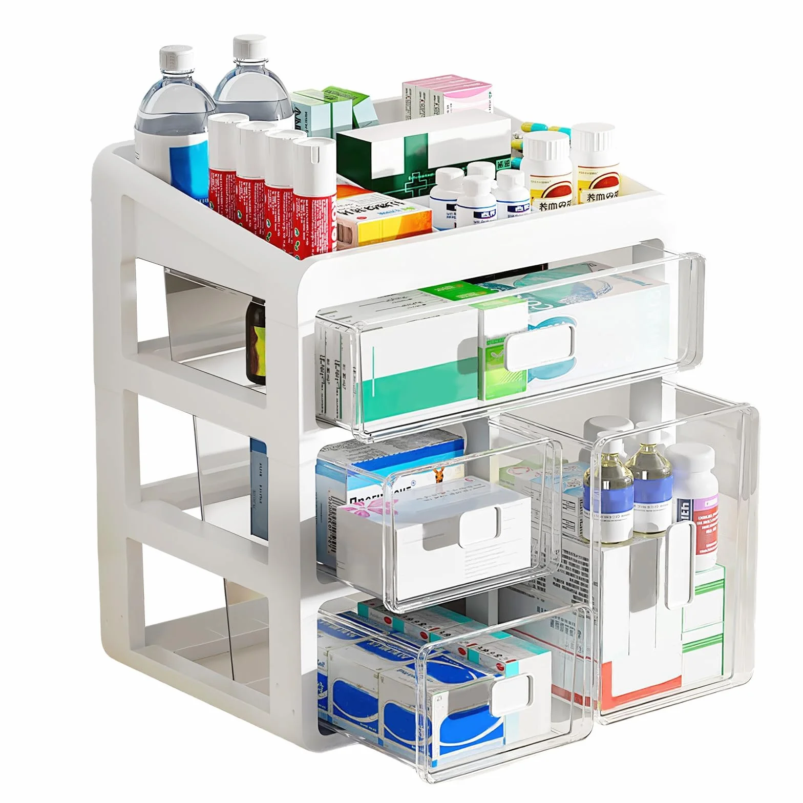 Organizador de Medicamentos de 4 Pisos, Organizador de Medicamentos Tipo Cajón, Caja de Medicamentos Grande para el Hogar, la Oficina o la Residencia