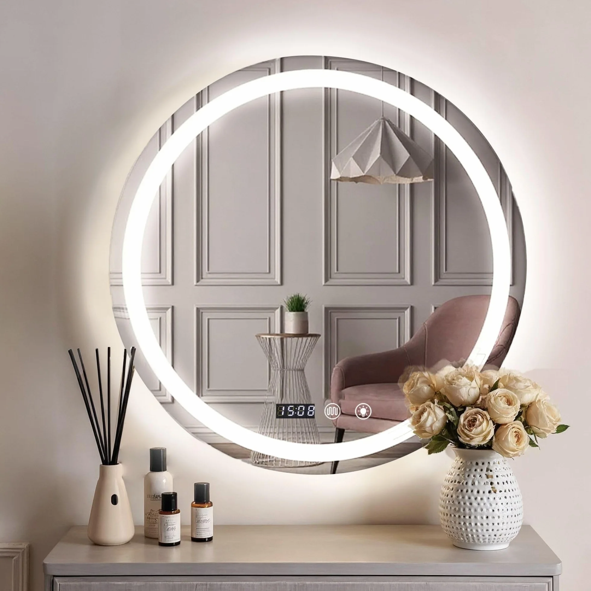 MAGIC SELECT Espejo de Baño con Luz. Espejo Redondo de Pared con Enchufe, 3 Tonos de Color, Ajuste de Brillo y Antivaho, con Indicador de Hora y Temperatura. Ideal para Baño o Tocador (80cm)