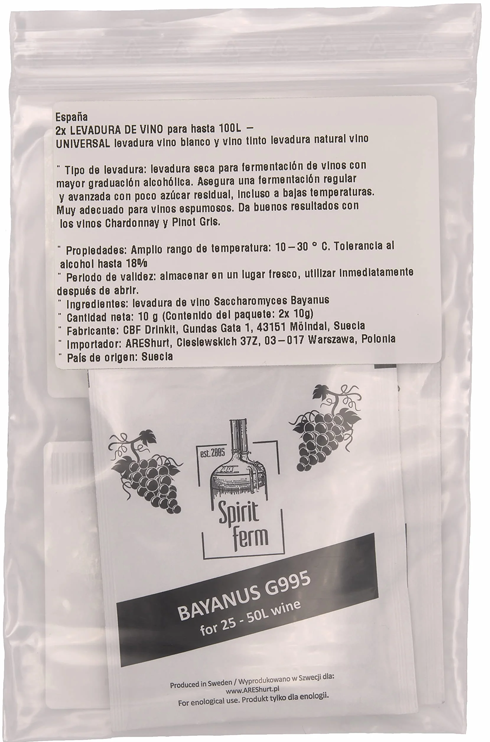 LEVADURA DE VINO natural universal para vino blanco y tinto hasta 100L