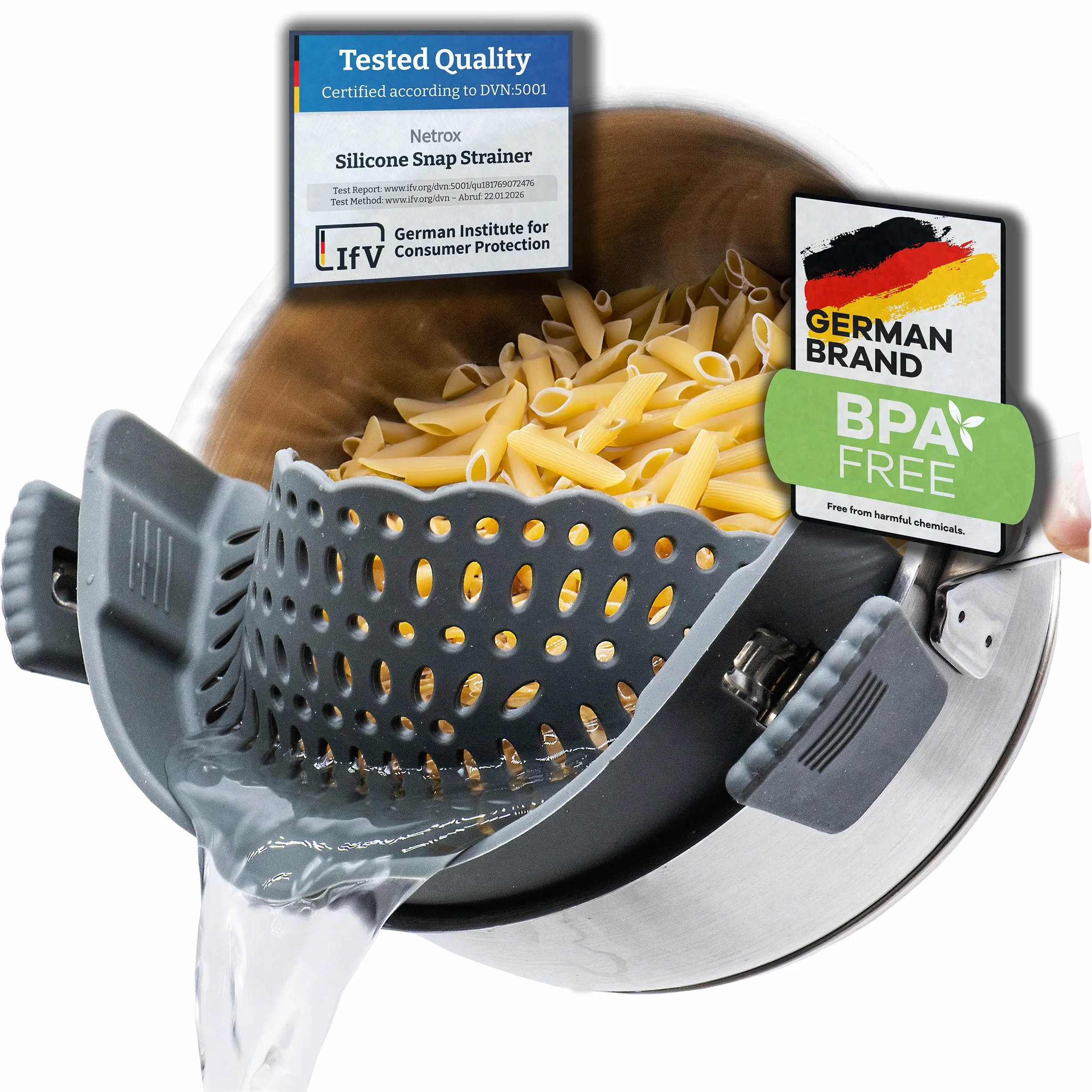 Netrox Colador plegable de silicona para pasta verduras frutas ollas flexible con clips de agarre apto lavavajillas Gris