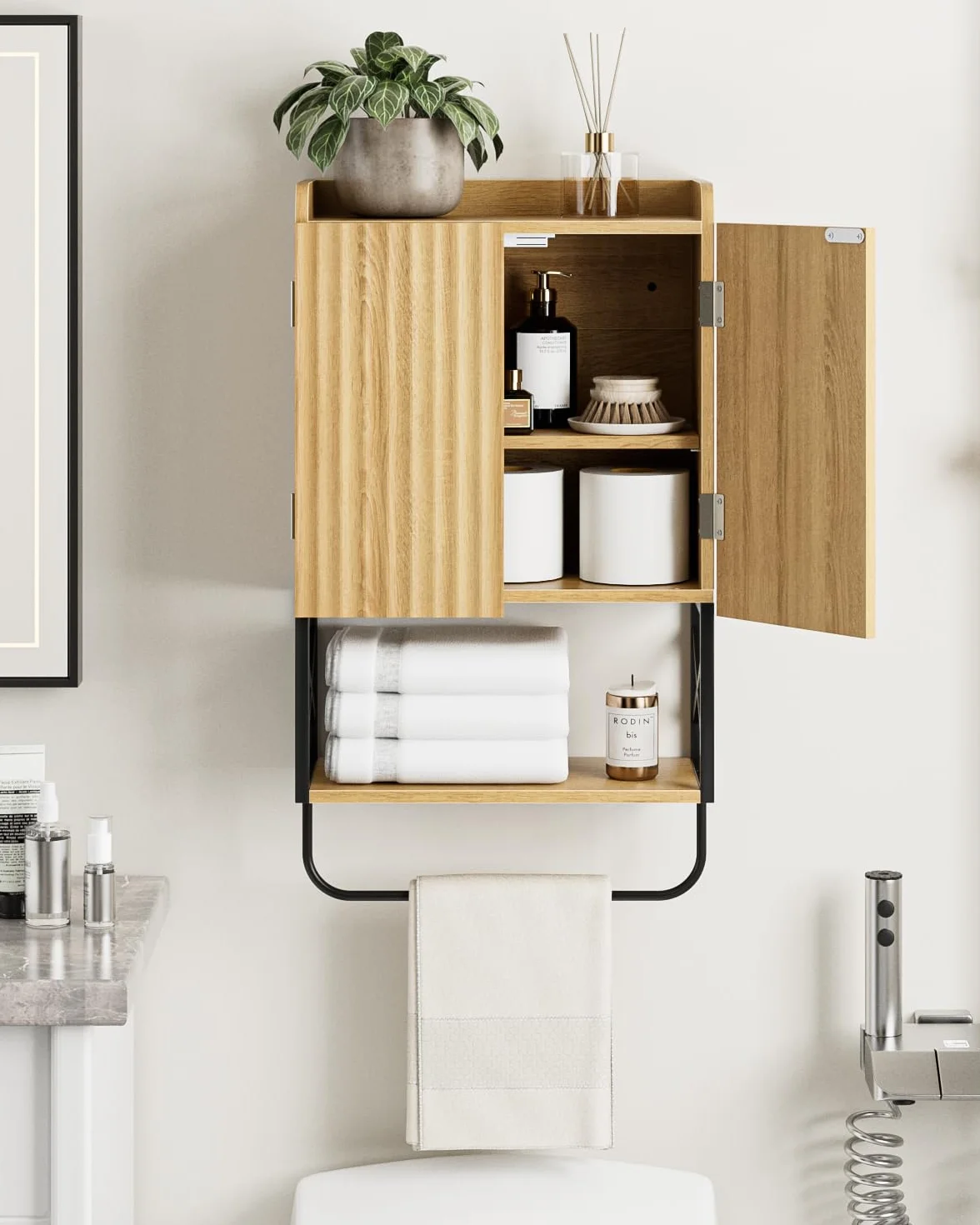Armario de baño suspendido madera estantes ajustables mueble pared ahorra espacio roble moderno