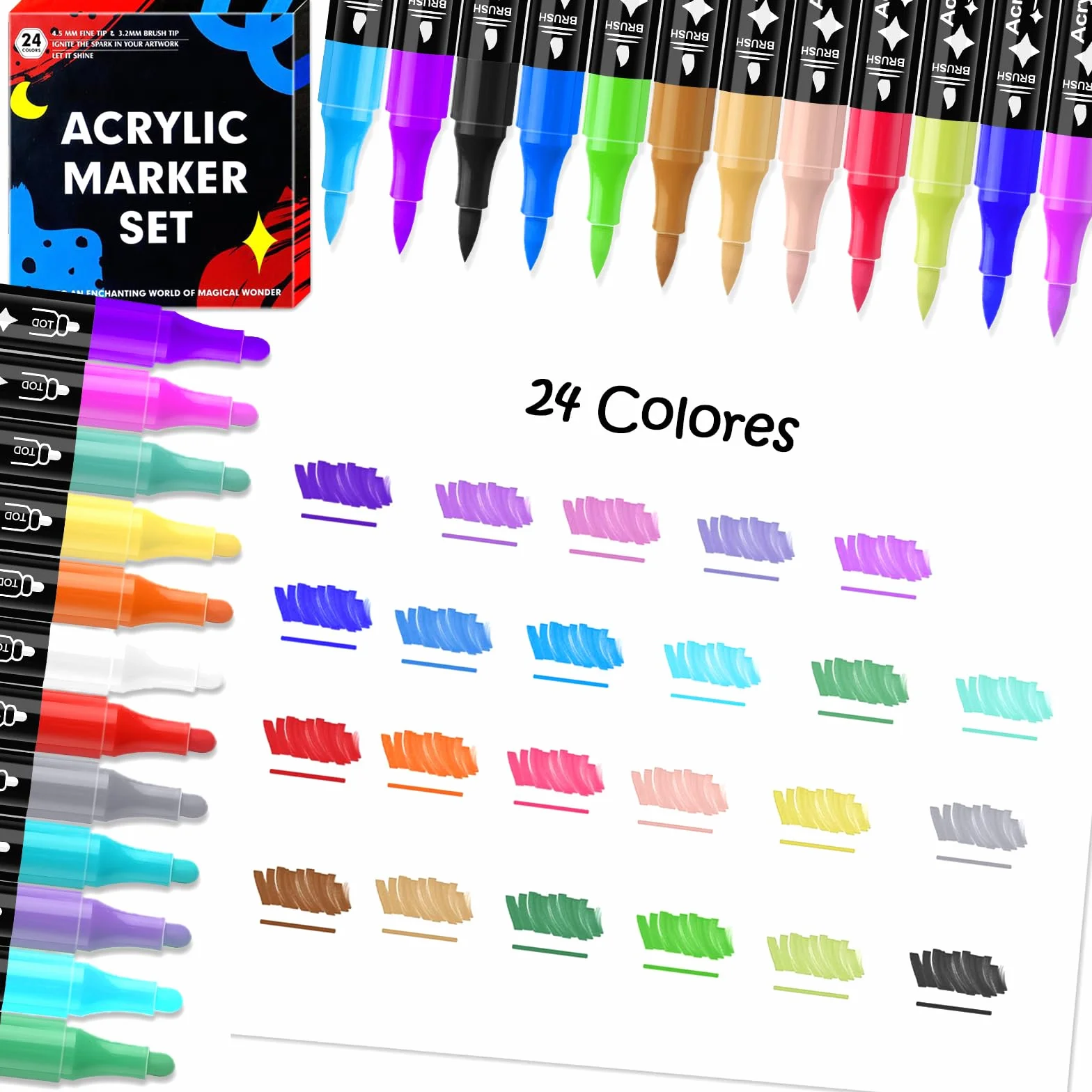 Rotuladores Acrilicos 24 Colores, Doble Punta, Permanentes, Base de Agua, Secado Rápido