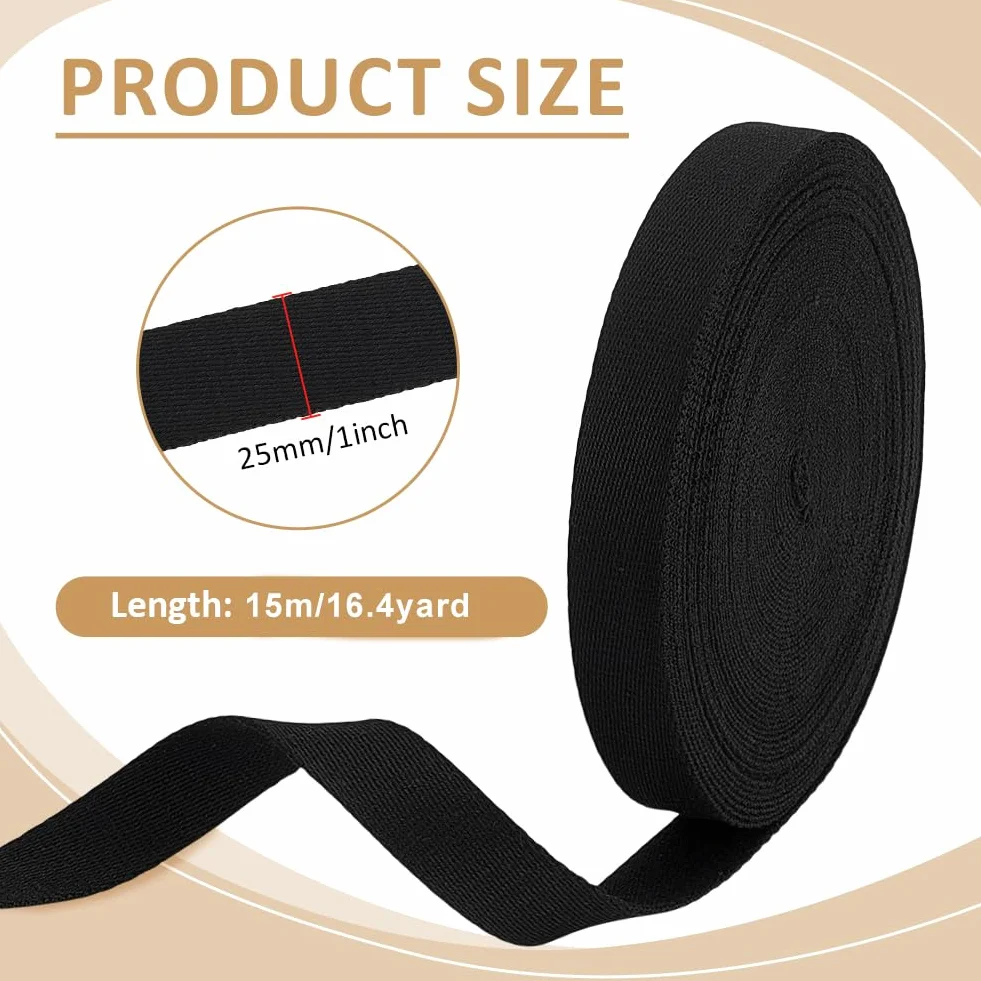 BENECREAT Correa de algodón de 15 m, cinta de cincha negra resistente de 25 mm de ancho, para accesorios de ropa, decoración de regalos, asas