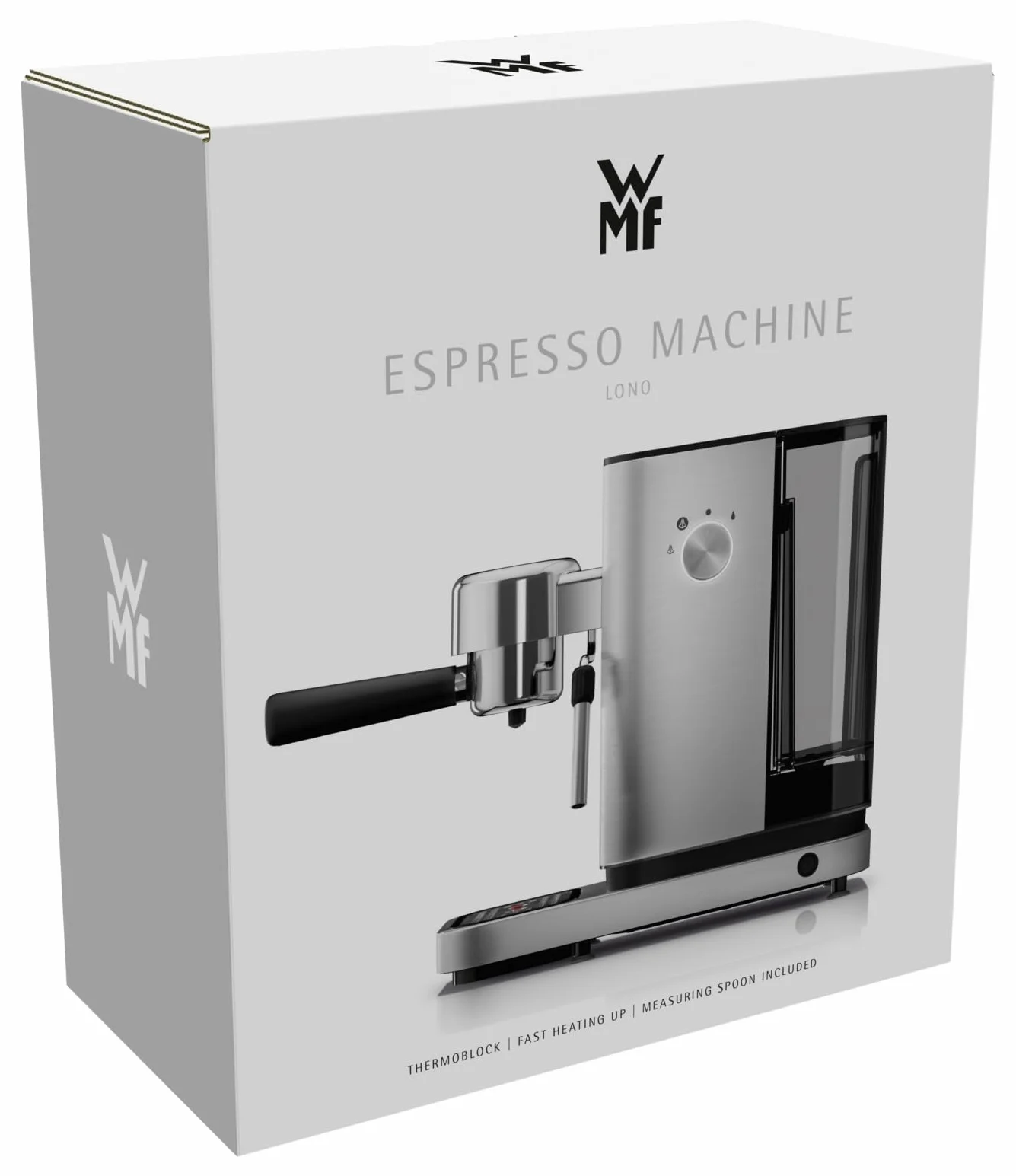 WMF Lumero - Cafetera expreso con 3 portafiltro, 1400 vatios, para 1-2 tazas de expreso, 15 bares, reposavasos, espumador de leche, prensador de café, luz led, acero inoxidable mate