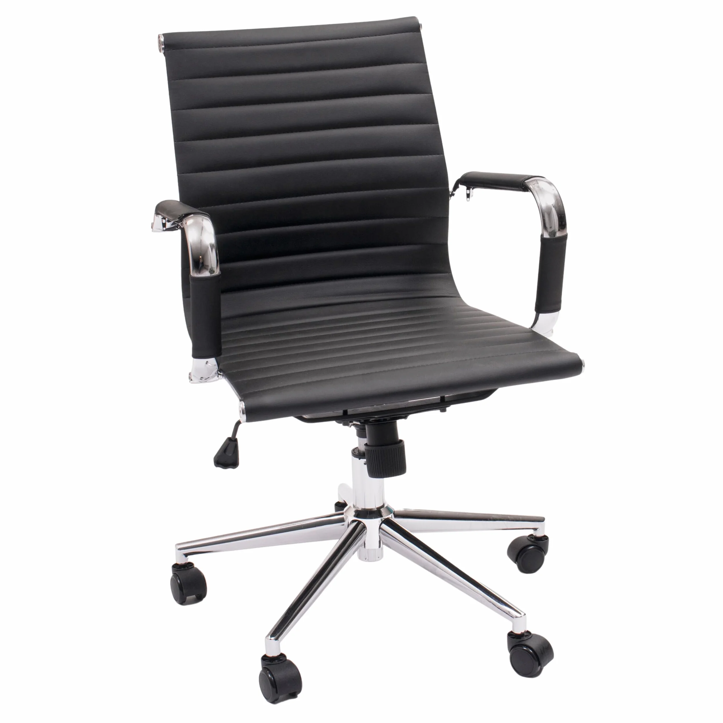 Sillón de despacho Manager Negro Polipiel Base Cromo Giratorio Regulable en Altura Respaldo Bajo