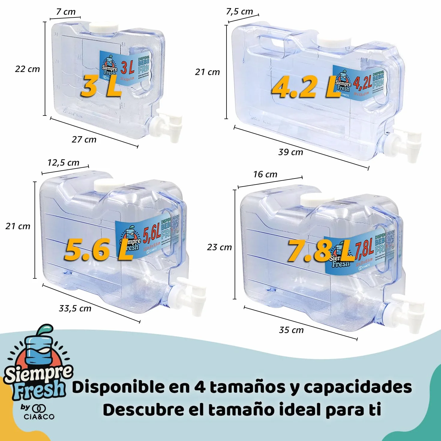 Dispensador de Agua Fría para Nevera 4,2 L by Cia&Co | Garrafa compacta 39x21x7,5 con Asa Ergonómica, Grifo de Doble Función y Tapón - Reutilizable y Duradera, Bebidas Frías en Casa, Playa, Camping