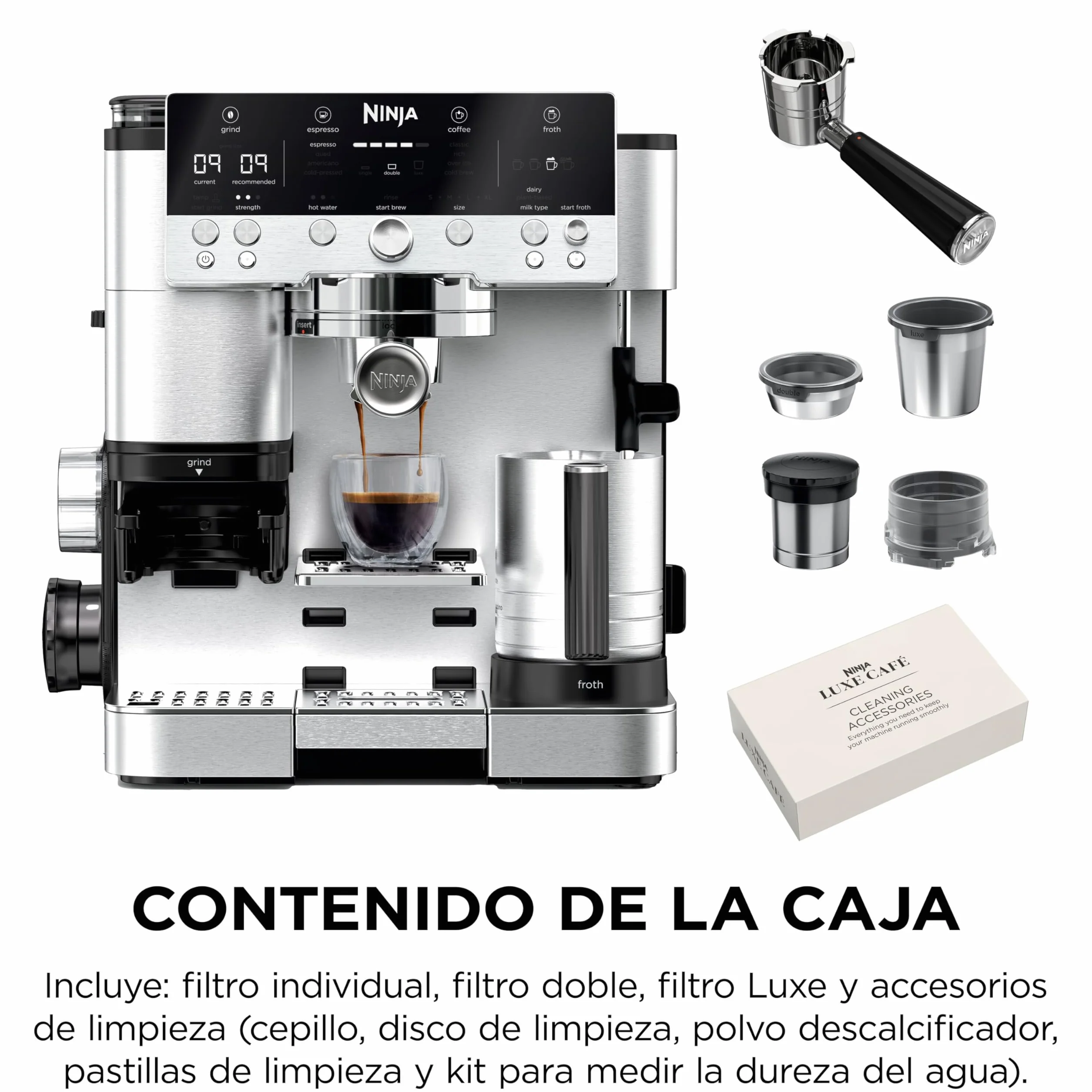 Ninja Luxe Premier Cafetera 3 en 1 Espresso Cold Brew Café Filtro Molinillo Espumador 25 Ajustes Molienda Plata ES601EU