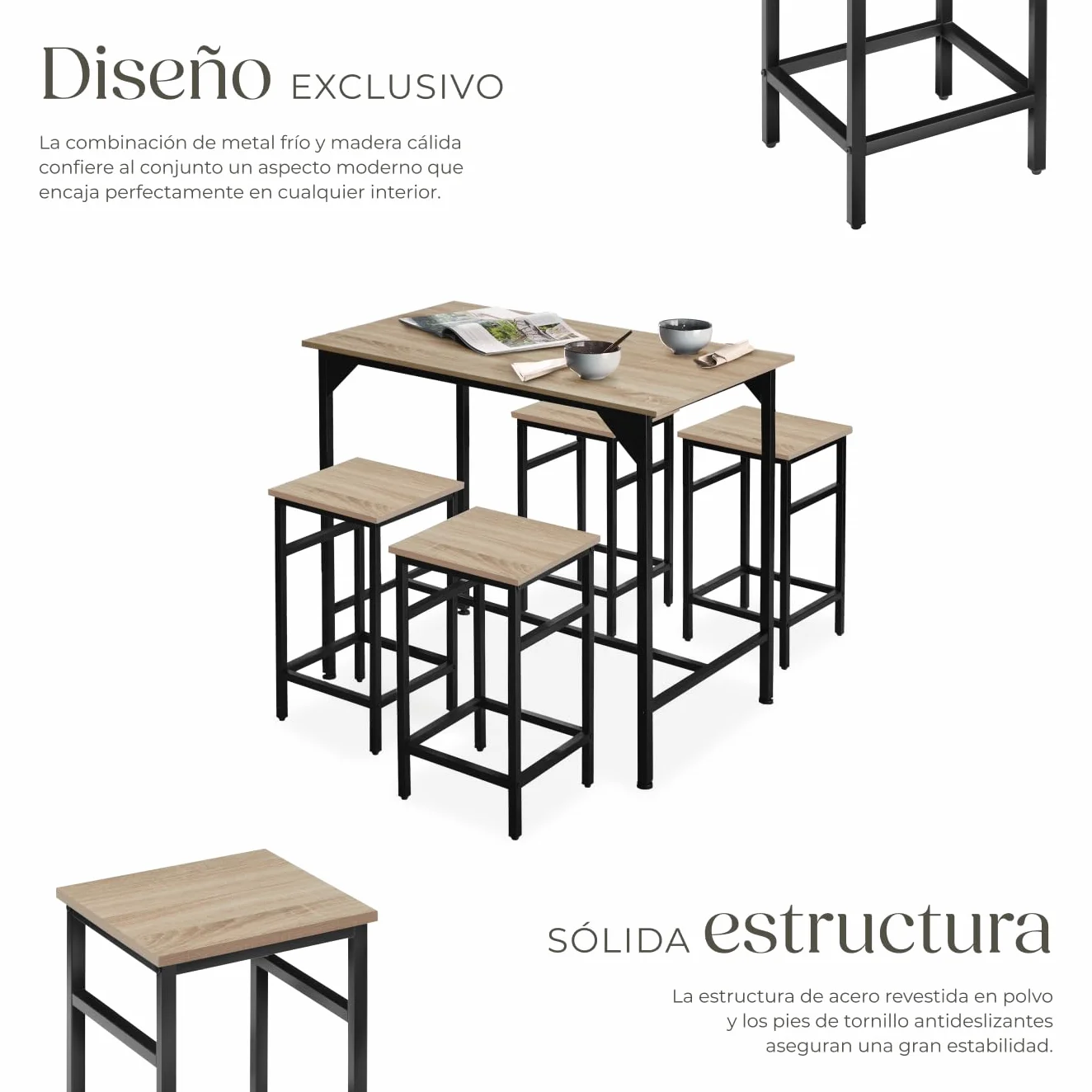 tectake® Mesa Alta de Bar con 4 Taburetes, Mueble de Cocina Estilo Industrial, Diseño Comedor y Mesa Cocina, Muebles de Salon, Taburete - 100 x 124 x 88,5 cm Madera Industrial Clara, Roble Sonoma