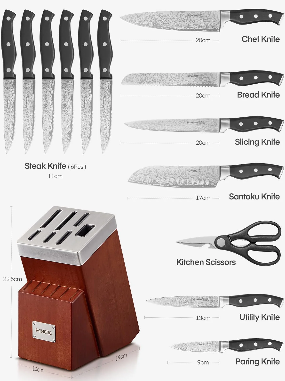 FOHERE Juegos de Cuchillos de Cocina con Auto-afilables, 14 Piezas, Bloque de Cuchillos con Mango Ergonómico y Acero Inoxidable, Bloque de Madera