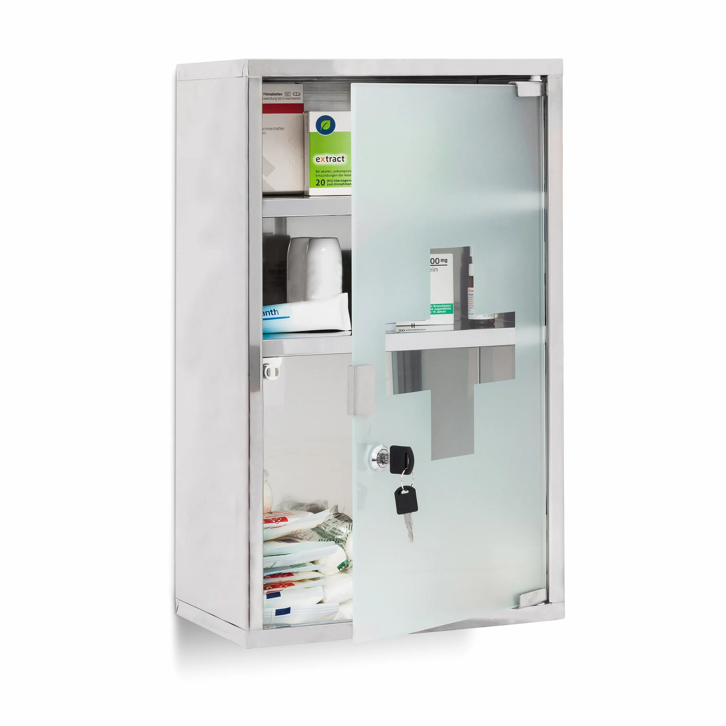 Relaxdays Armario Botiquín XL 50,5x30x18 cm Puerta Vidrio con Llave 3 Repisas Plateado