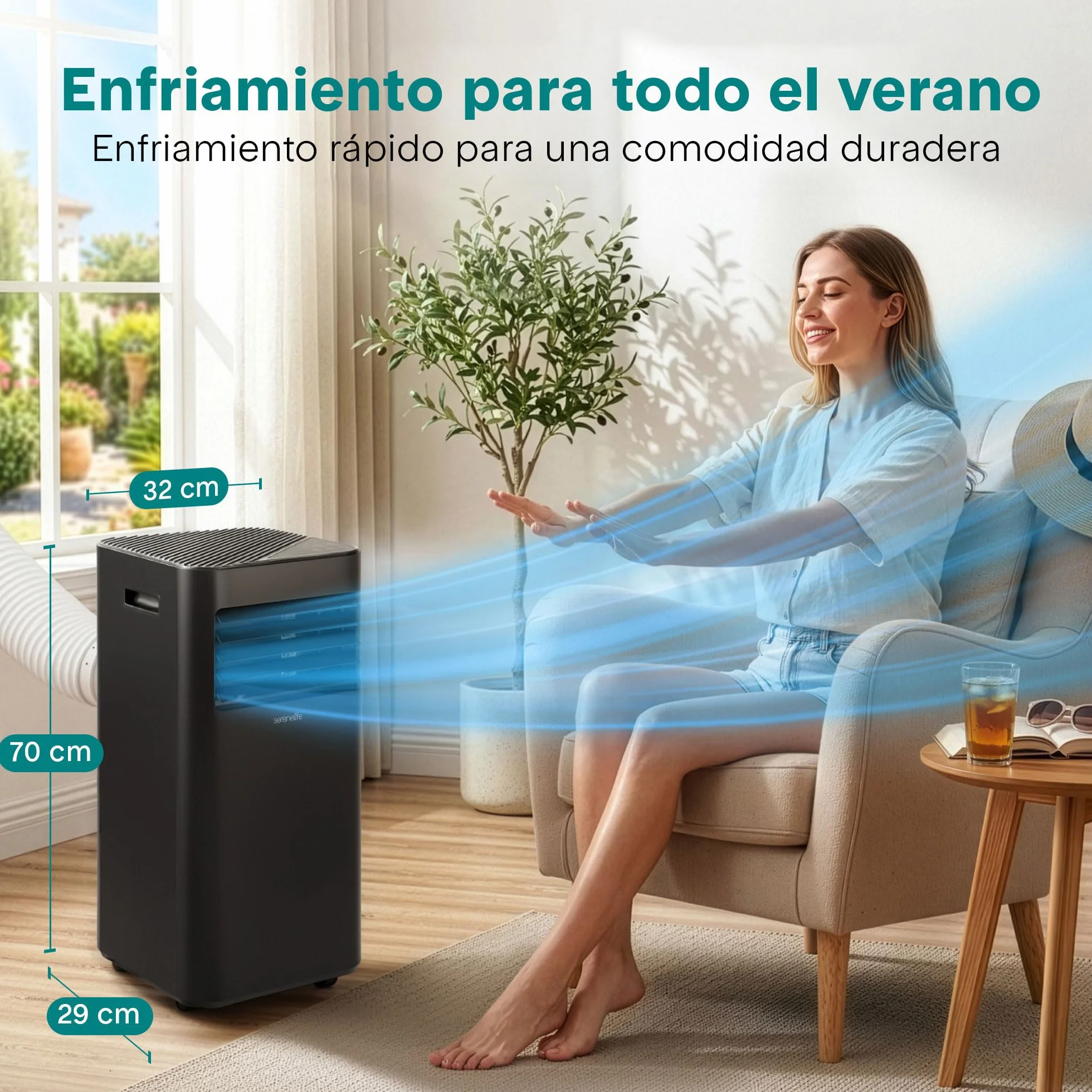Aire Acondicionado Portátil 7000 BTU (2,05 kW) SereneLife, Climatizador 3 en 1 con Función Frío, Ventilador y Deshumidificador, Compacto con Mando a Distancia y Kit de Ventana