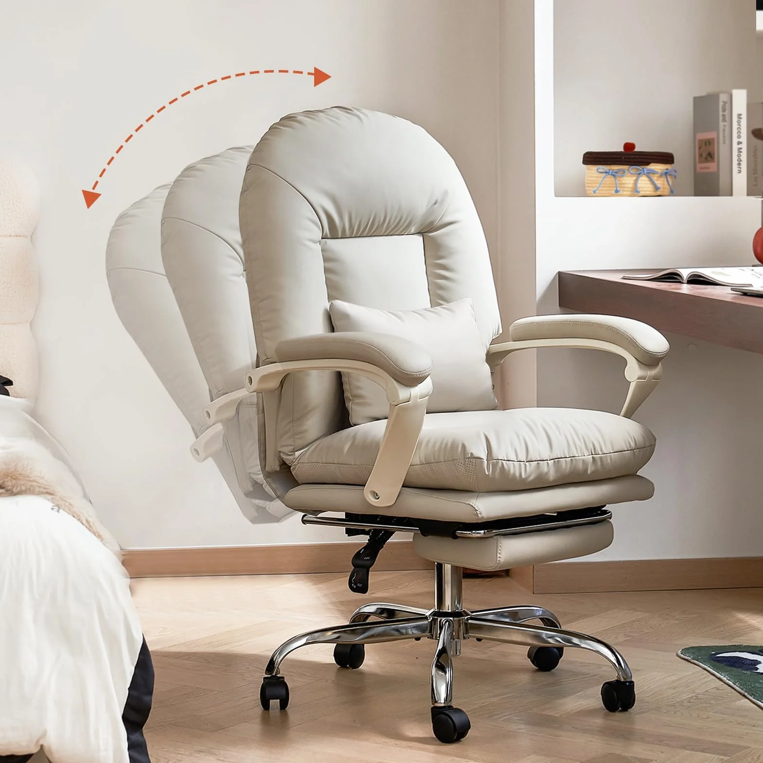 EMIAH Silla de Oficina Ergonómica con Reposapiés, Silla de Escritorio Ejecutiva Reclinable, Sillón de Cuero PU, Modernas Cómoda Silla de Ordenador Tocador con Ruedas, Bonita Silla para el Hogar, Beige