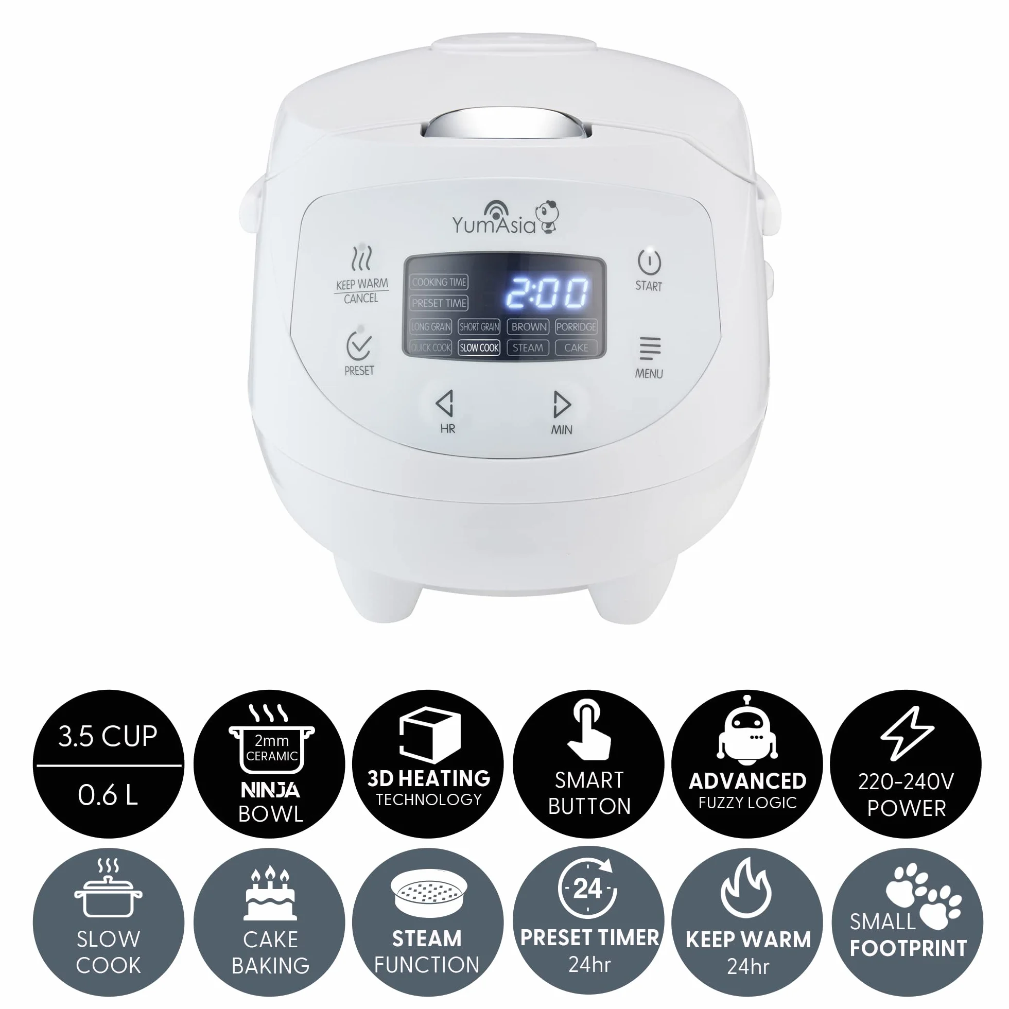 Yum Asia Panda Mini arrocera con cuenco de cerámica Ninja y lógica difusa avanzada (3,5 tazas, 0,63 litros) 4 funciones de arroz, 4 funciones de multicocina 220-240V (Arctic White)