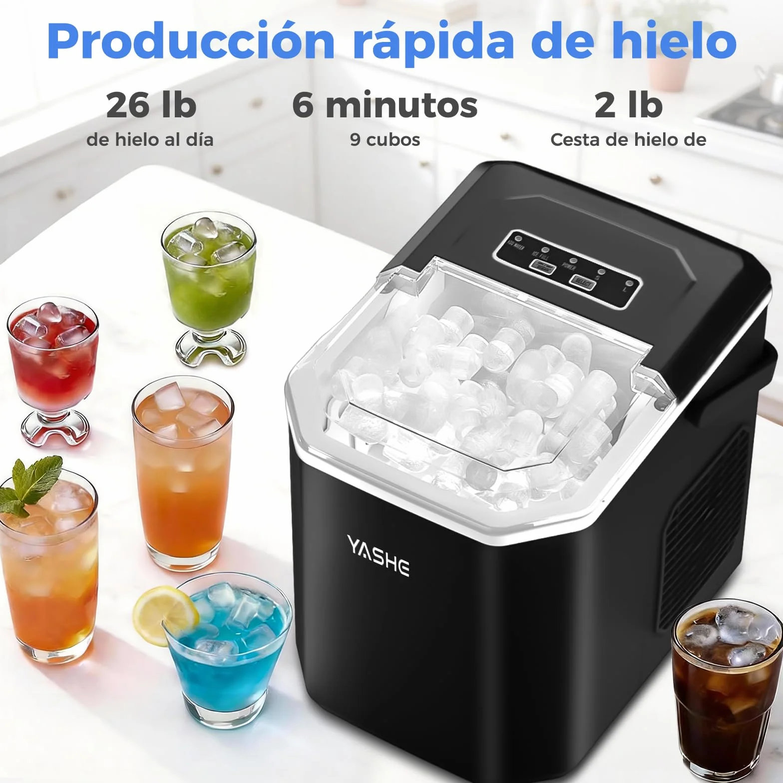YASHE Máquina de Hielo de Encimera, 12 kg/día, 9 Cubitos en 6 Min, Portátil, Autolimpiante