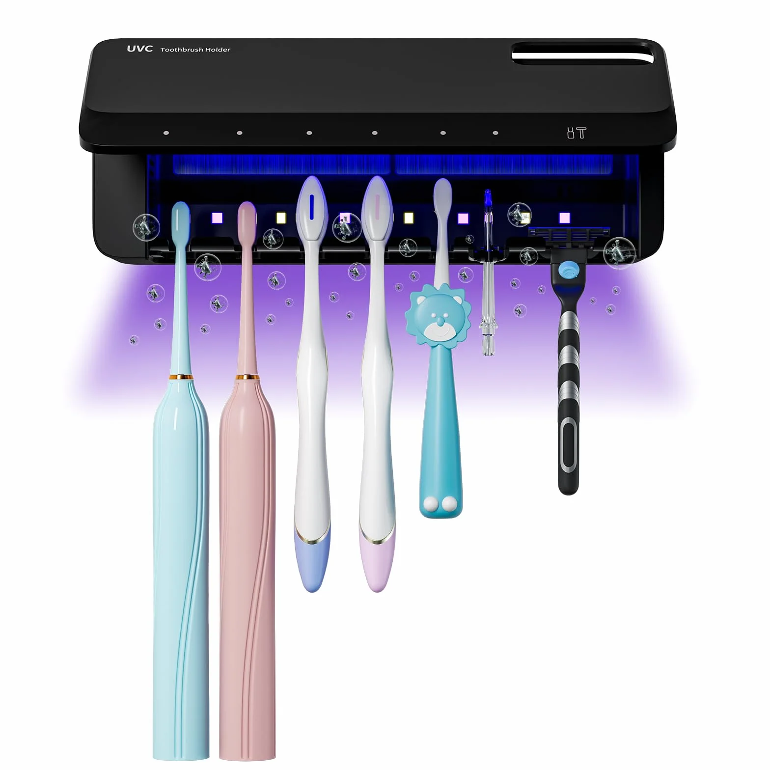 Soporte para cepillo de dientes UV, 5+1+1 ranuras, soporte portátil para cepillo de dientes recargable montado en la pared con funciones de calefacción, sin taladrar (Blcak)