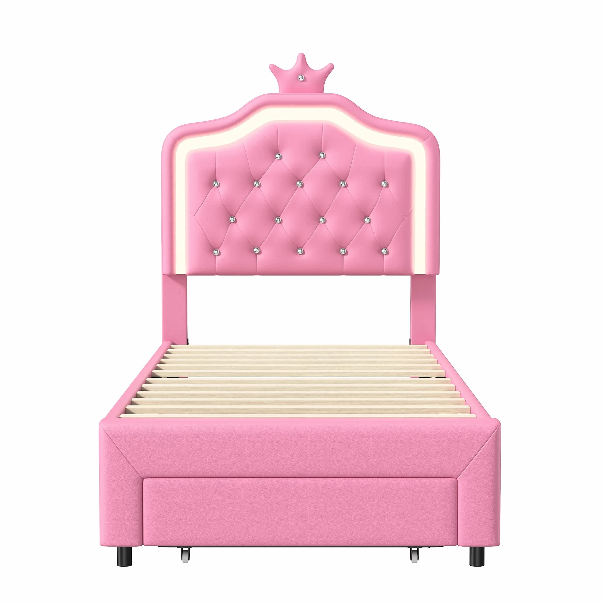 Cama para Niña 90x200 con LED RGB, Regulable en Altura, Cama Individual con contenedor, Cama Infantil, en Forma de Corona, Somier de Láminas de Madera, PU, Sin colchón (Rose-C, 90x200 cm)