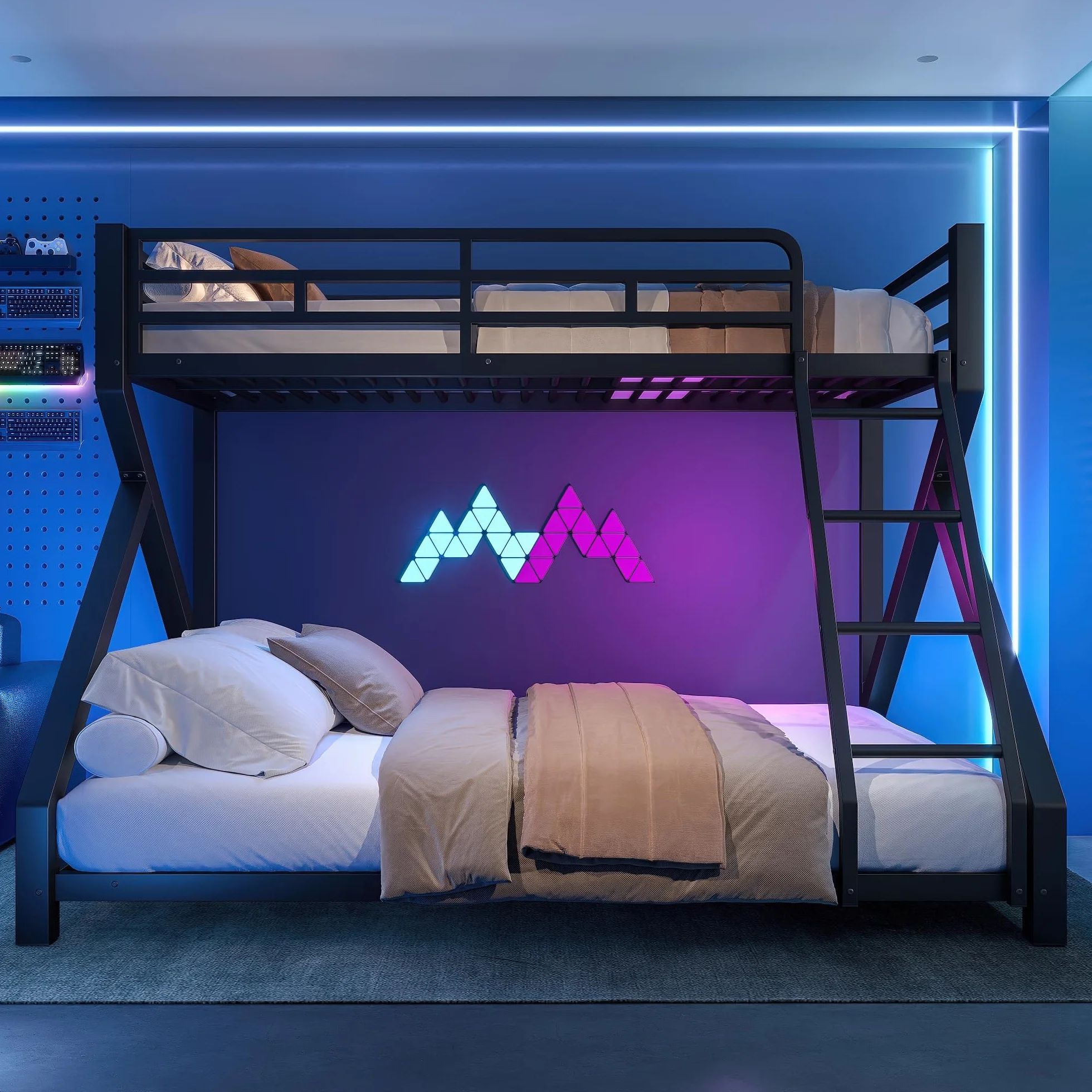 Litera con LED para niños y adultos, cama infantil con barandilla y escalera, hierro 90x200+140x200 cm, negro