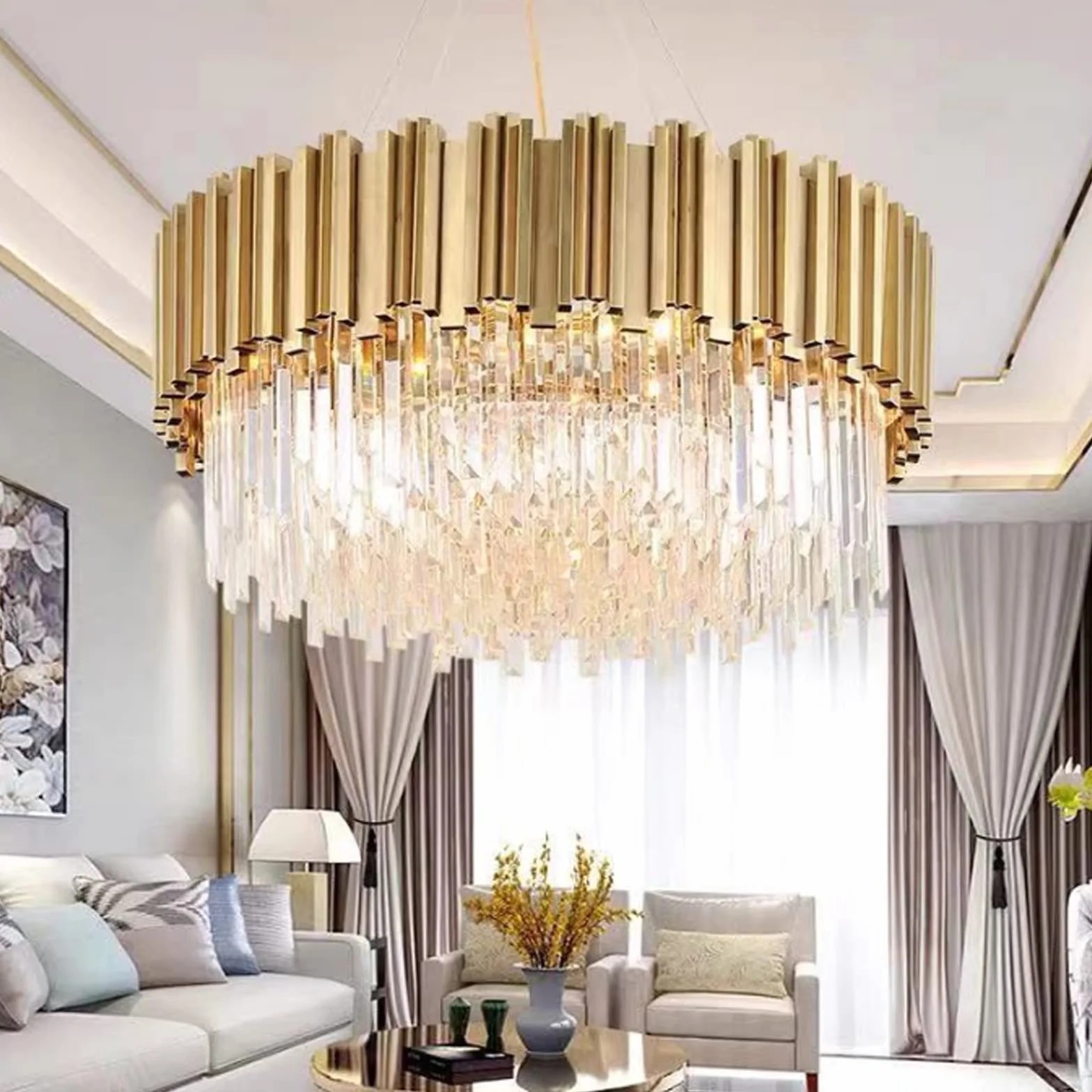 Lámpara De Techo De Cristal De Lujo De Golden Round Moderna Lámpara De Techo De Lámpara Led/lámpara De Techo De Lámpara De Acero Inoxidable Ilumi(Size:80cm,Color:Luz Tricolor Regulable)