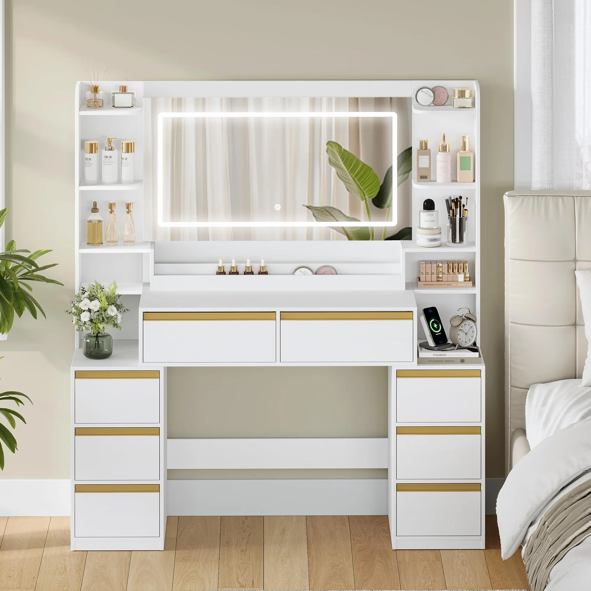 Tocador de Maquillaje con Luz LED, 135 cm, 8 Cajones, Blanco-Dorado