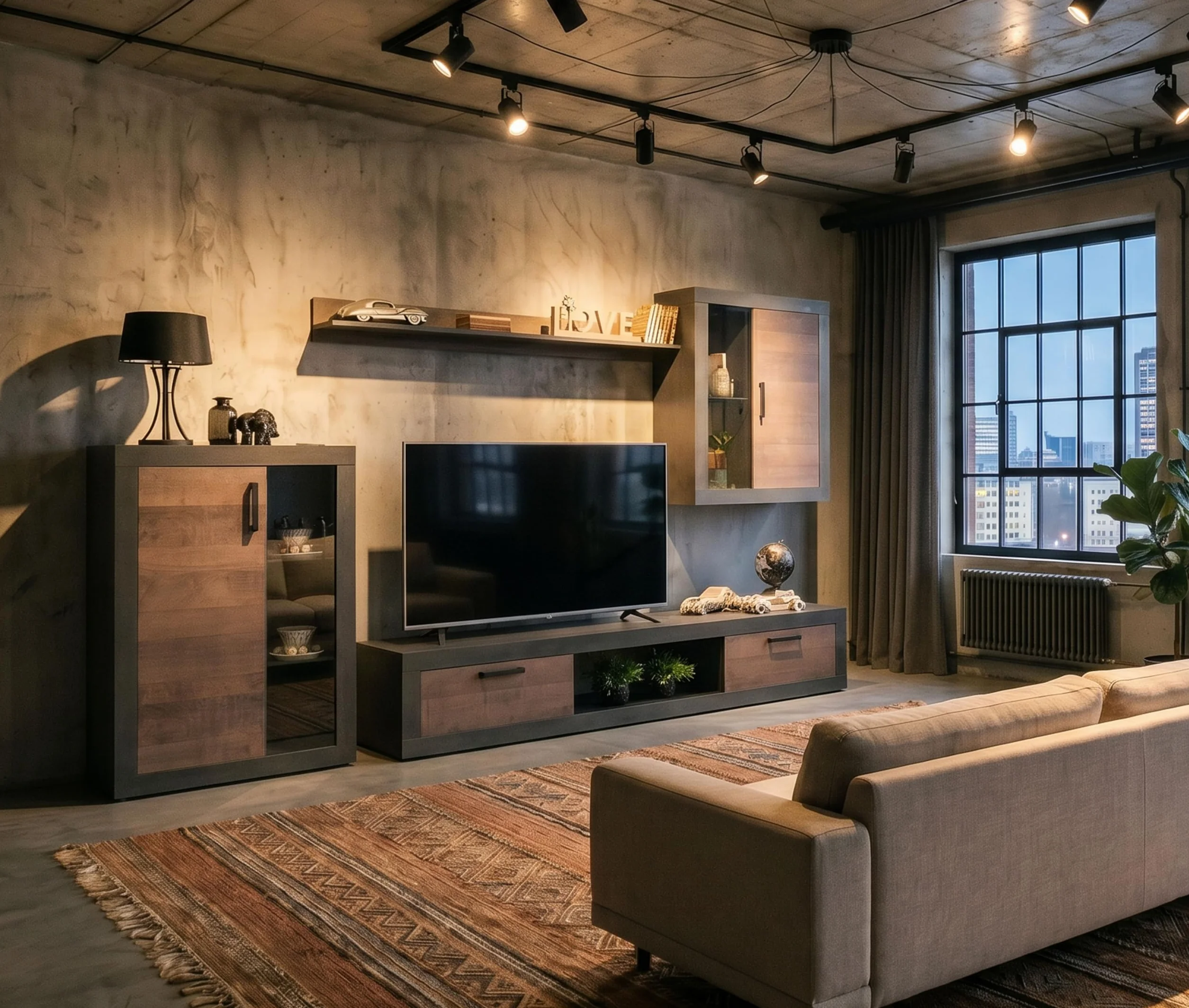 Homely - Mueble de Salón Modular Duke | Conjunto 4 Muebles 300 cm. | Muebles Salón Completo | Mueble para Televisión + Mueble Bajo + Mueble Alto + Estantería Alta | Color Nogal y Grafito