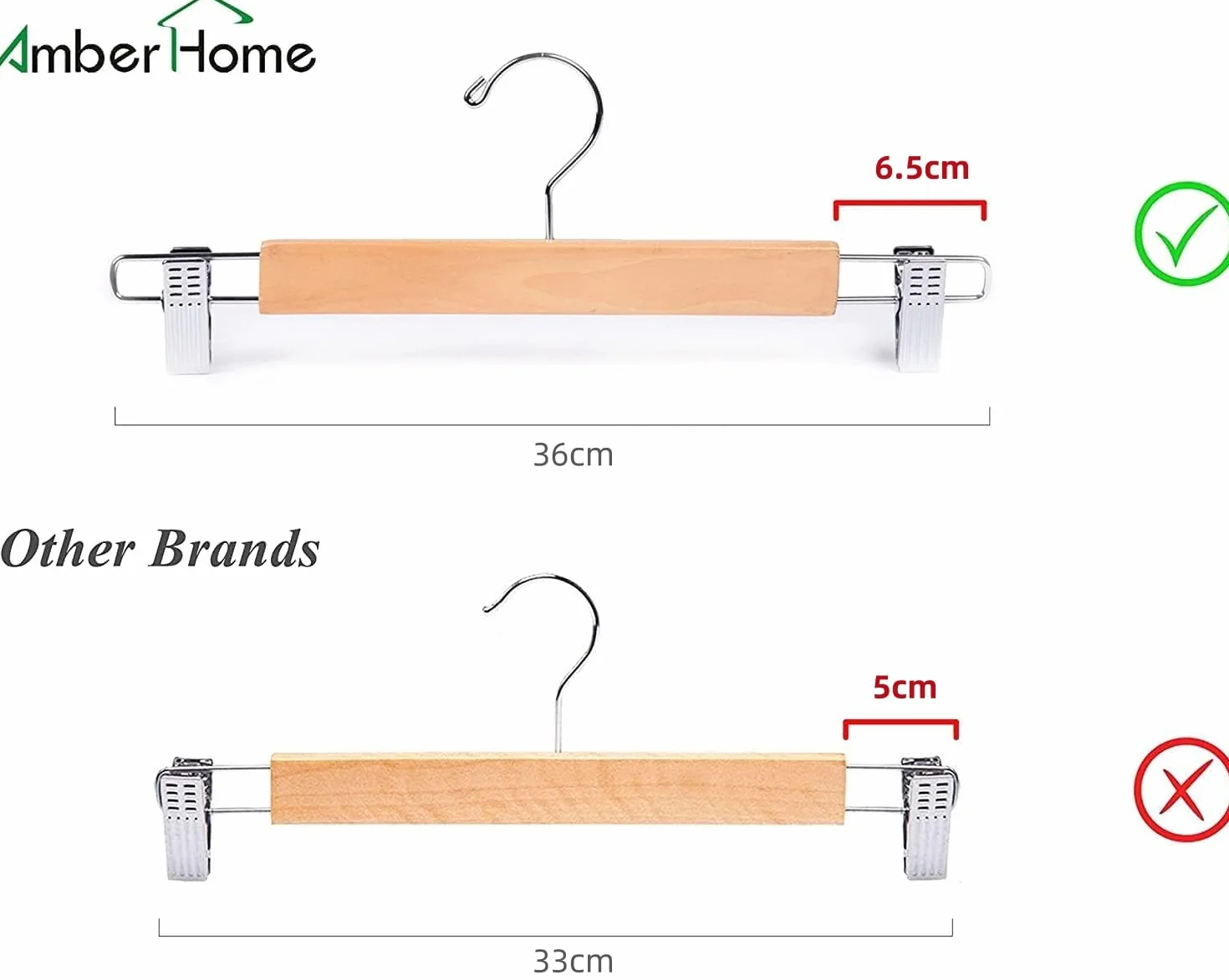 Amber Home 10 Unidades 36cm Perchas de Madera Natural, Robusta y Brillante Percha para Pantalones Shorts Faldas Calcetines y Ropa Interior, con Clips Antideslizantes y Ganchos Giratorios