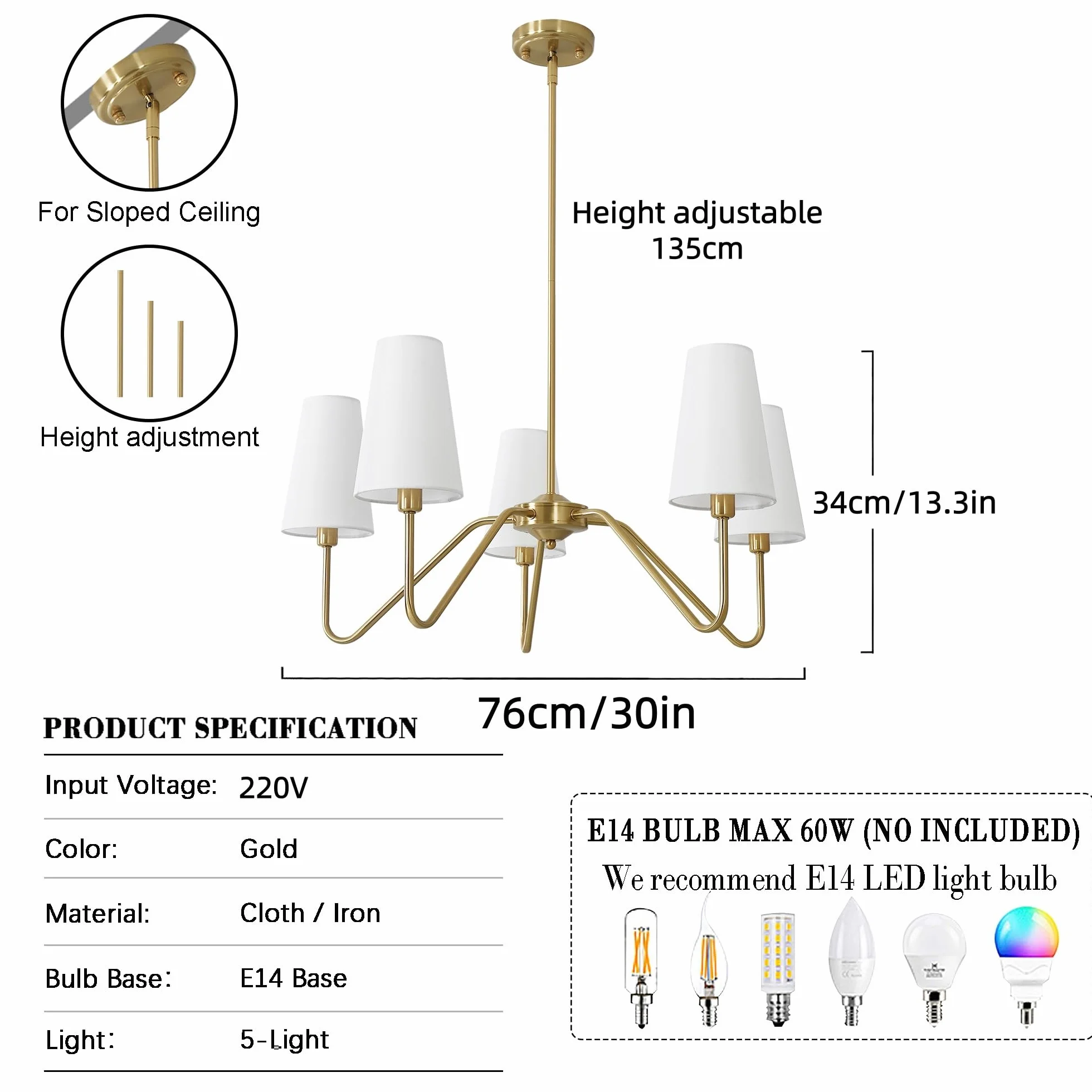 Moderna lámpara de salón lineal suspensión luminaria para isla de cocina con pantalla de tela blanca, suspensión regulable en altura para sala de estar dormitorio pasillo(dorado 5 heads)