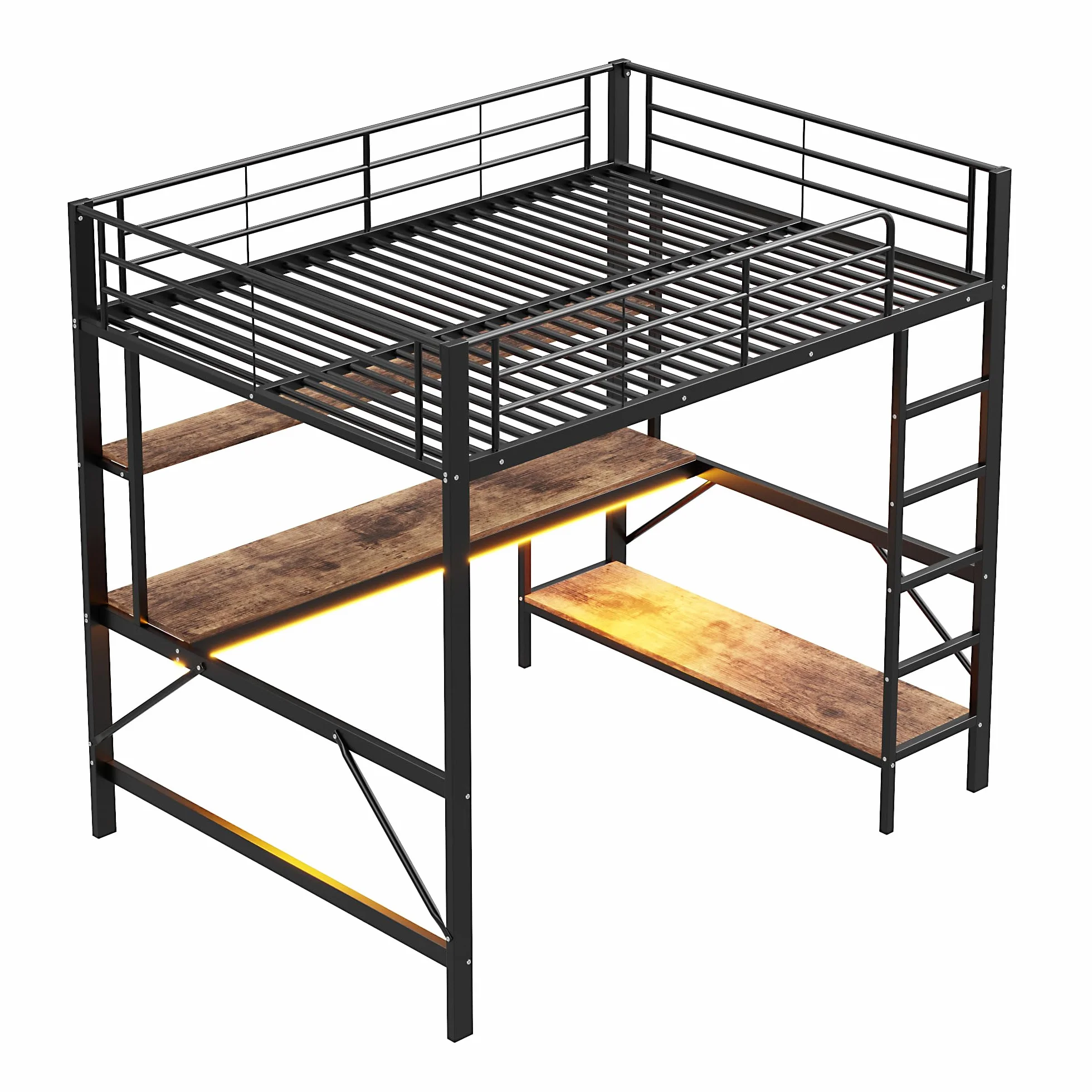 Seyakany cama Mezzanine Infantil 140 x 200 cm, cama Mezzanine de metal de 2 plazas con barreras y escalera, con tomas USB y eléctricas, con iluminación LED, escritorio, varias estanterías, sin colchón