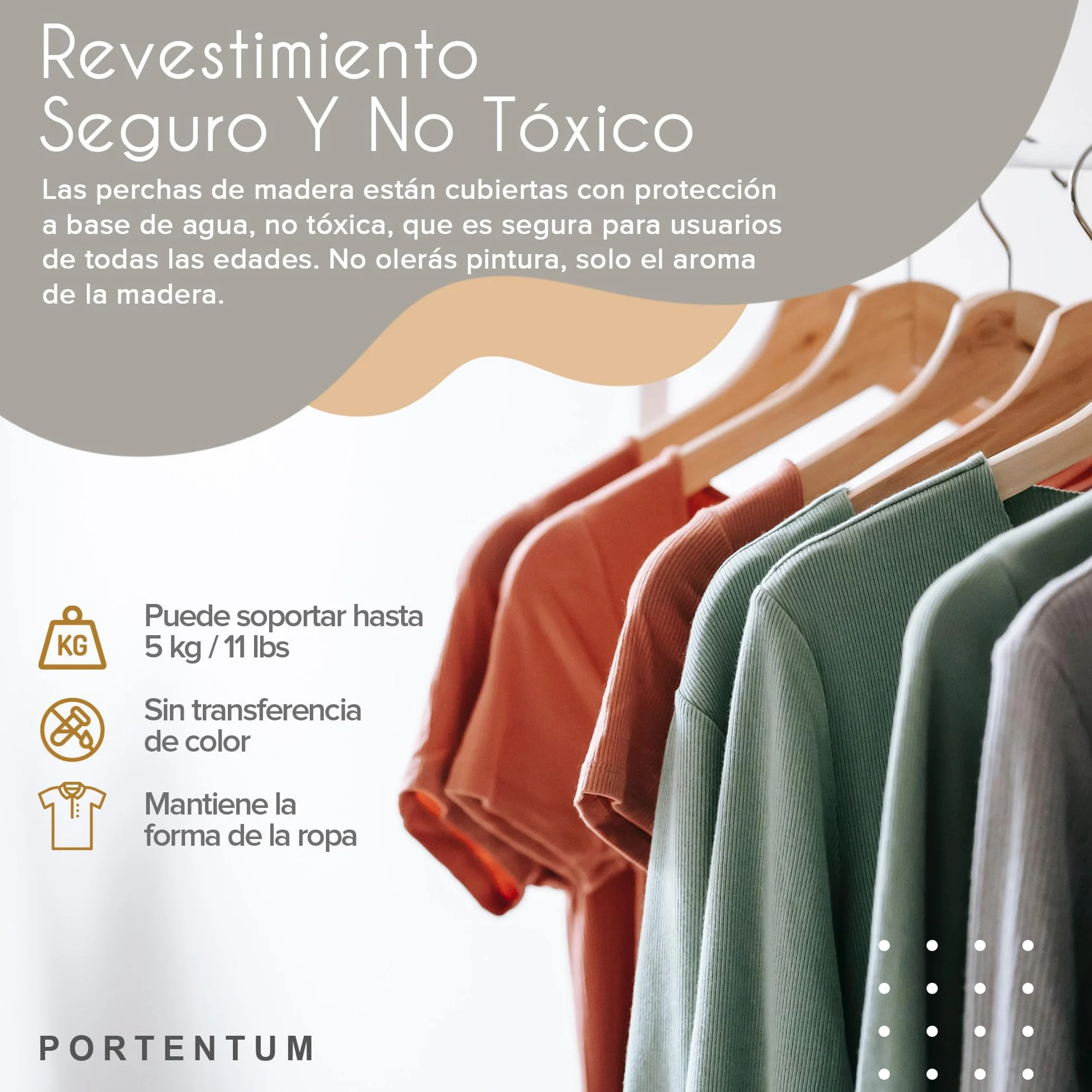 PORTENTUM Set de 20 Perchas de Madera para Ropa, Color Natural. Gancho Giratorio 360º, Perchas Pantalones, Colgador Antideslizante para Trajes, Chaquetas y Camisas, Muescas para Vestidos y Blusas