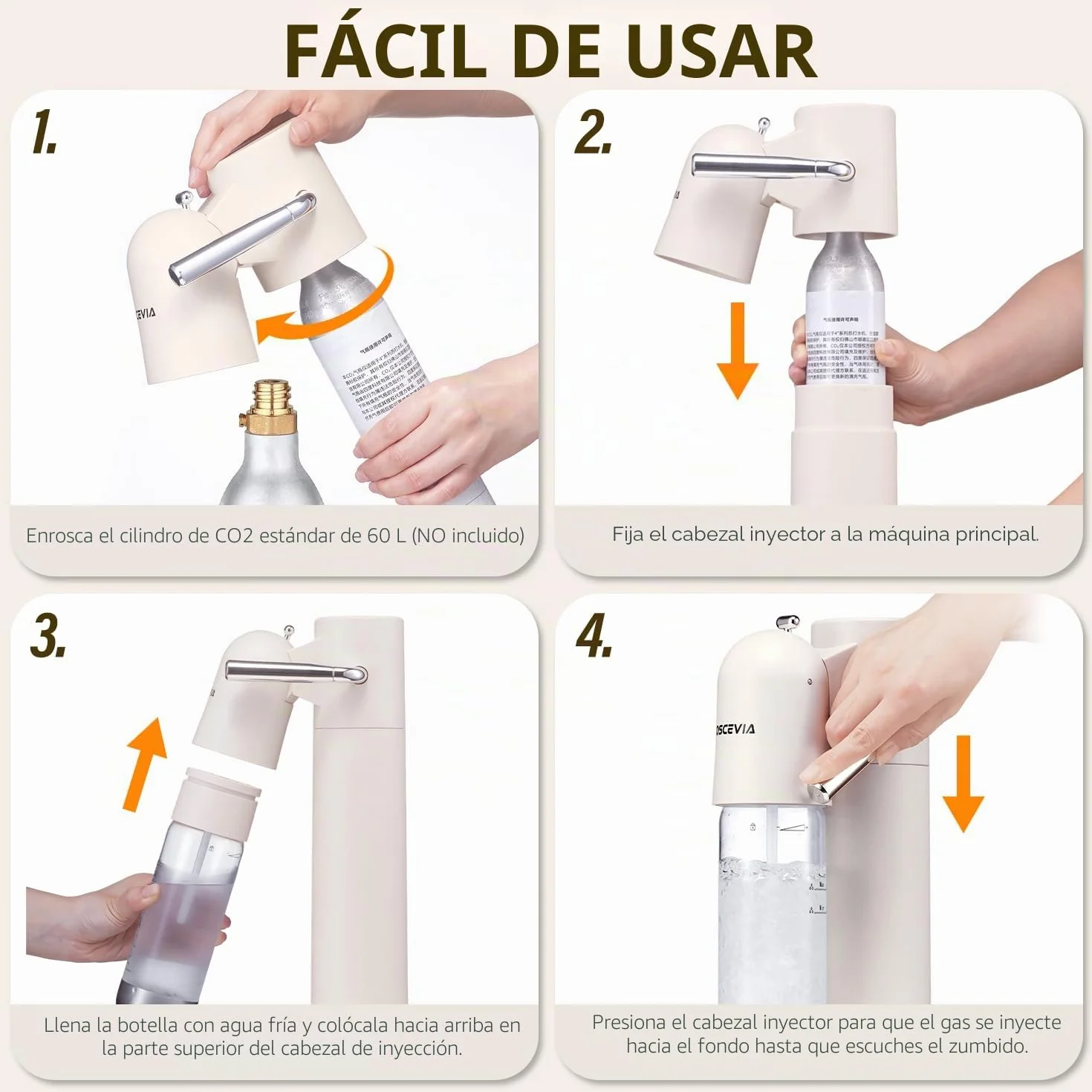 Fabricante de Soda con Botellas Sin BPA 1L+1L, Máquina de Agua con Gas para Casa, Compatible con Cilindros CO2 60L, Blanco