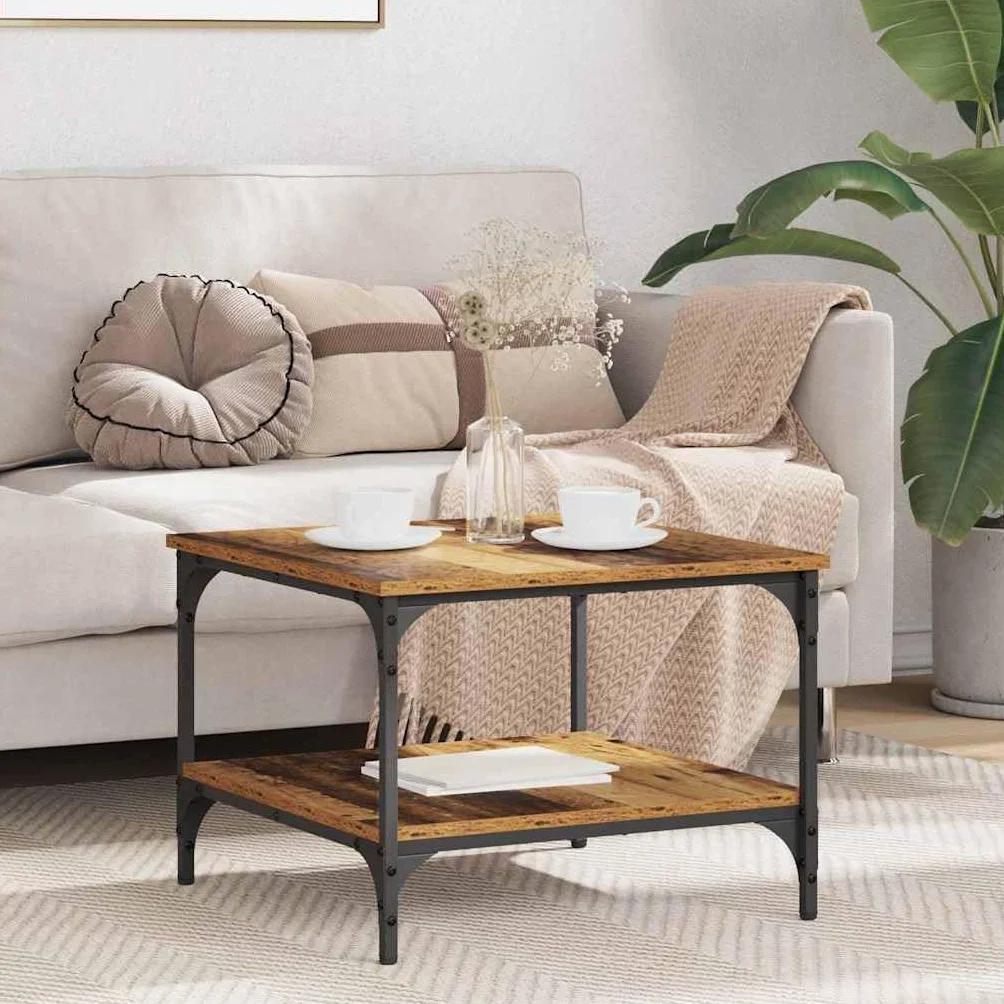 Generisch Mesa de centro con estantes de estilo industrial rectangular de madera y marco de hierro, 55 x 55 x 40 cm, superficie mate, estable y duradera para sala de estar