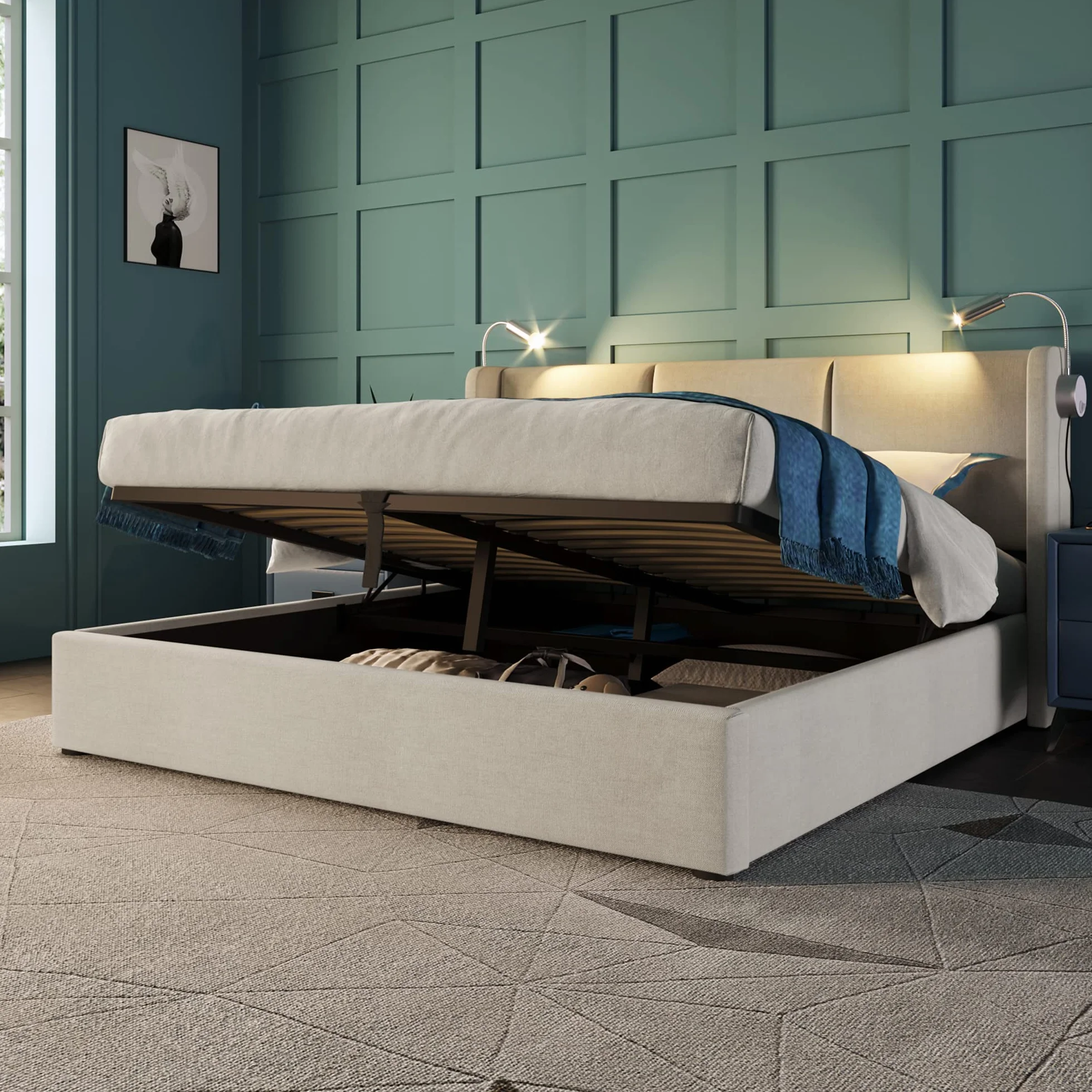 KAZZIO Cama tapizada para cama de matrimonio con espacio de almacenamiento, luz de lectura con función de carga USB, cabecero, estructura de cama de poliuretano, con somier (sin colchón) (beige, 140 x